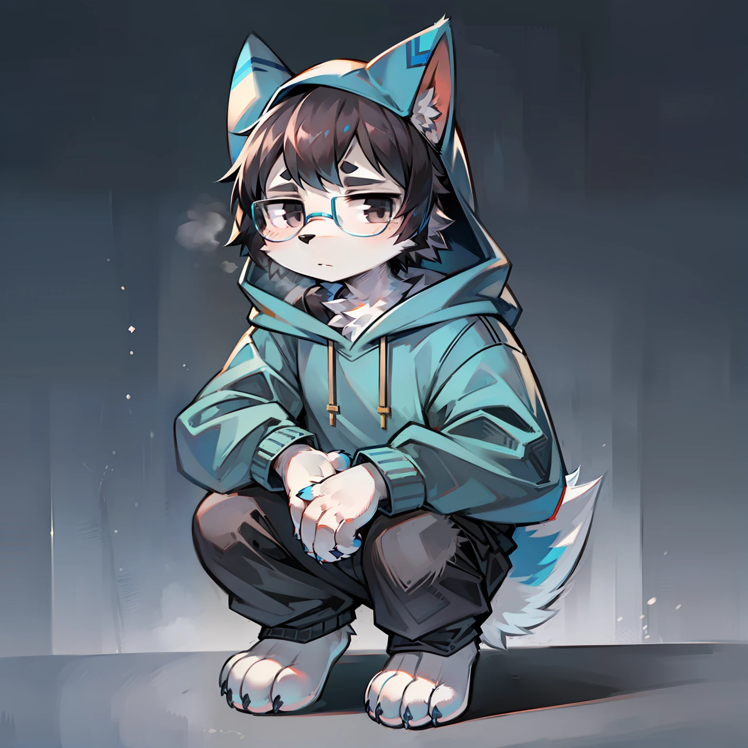 Furry, black eyes, solo, furry male, minor, full body fur, fluffy fur, white paws, blue-white fur, dark blue sweatshirt, black trousers, black hair, gray ears, gradient hair, multicolored hair, black glasses, fluffy blue tail, short hair, blunt bangs, hood, boring, serious, black hair, high detail