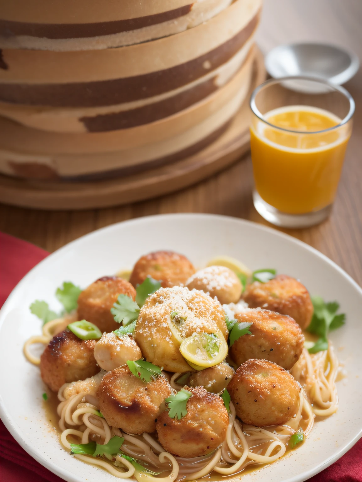 Plate of noodles with fried tomato and albondigas with a little grated cheese on top. Photorealistic