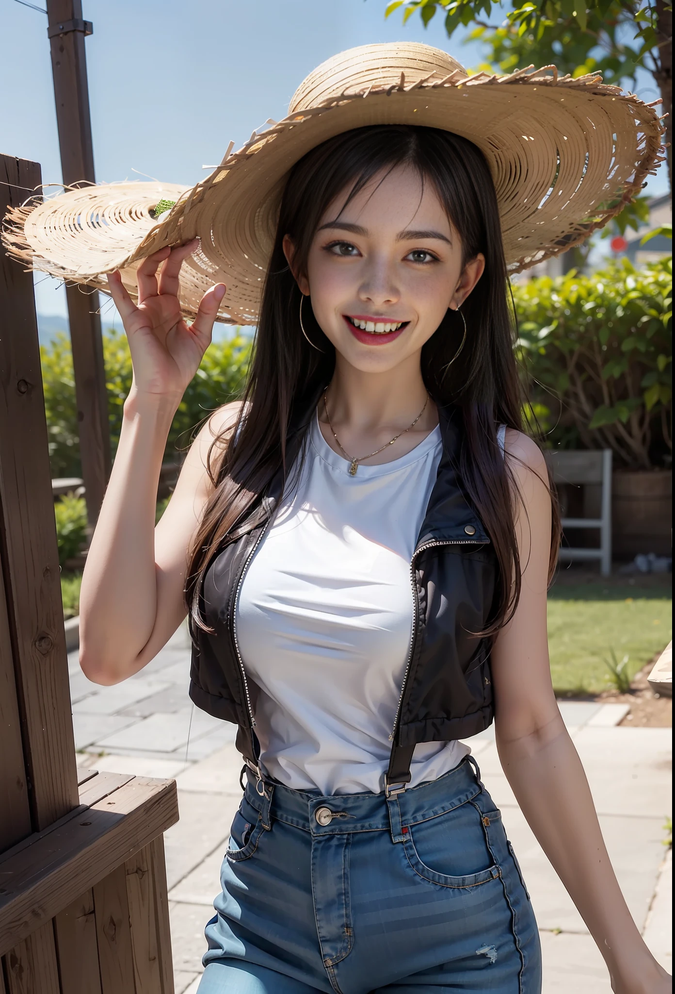 Vest, suspenders, 15-year-old beautiful girl, Tifa, ranch, straw hat, huge laughter, white and neat teeth,