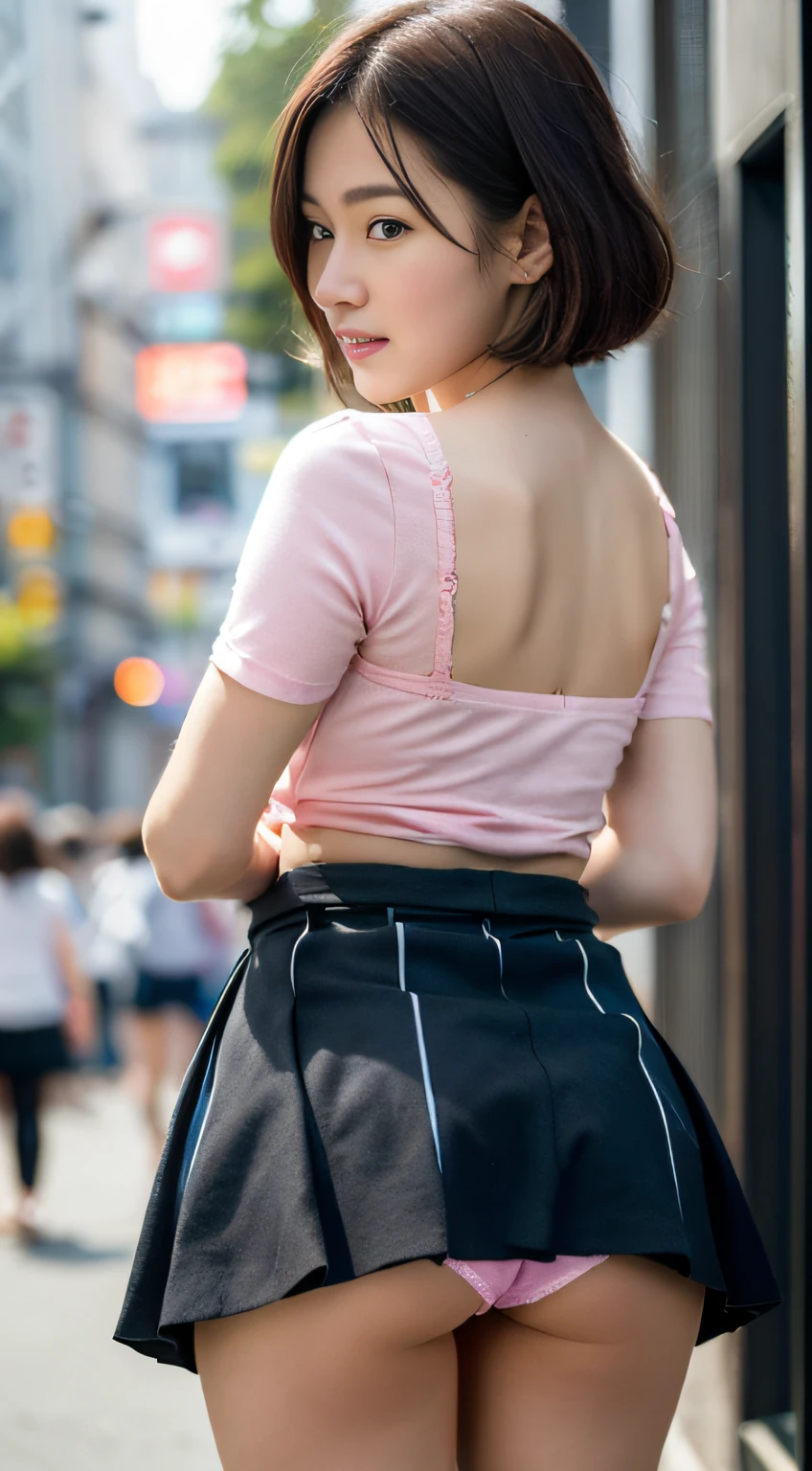 extremely detailed CG unity 8k wallpaper, best quality, ultra-detailed, masterpiece, realistic, photo realistic, extremely detailed cute girl, 20years old, (((skirt lift by myself))), (lifted by self),  panties , panties focus, blush, parted lips, looking at viewer  , half body shot  , (crowd), (on the streets of tokyo) , short bob cut , ((back view)),