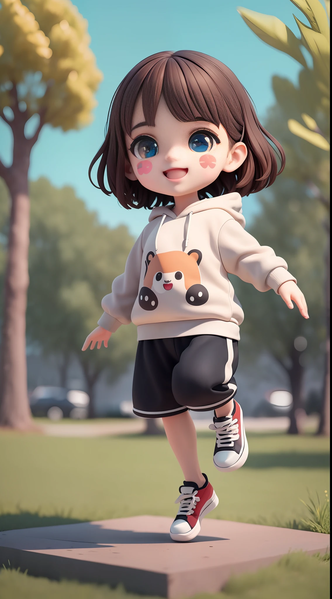 (masterpiece),(best quality),(ultra-detailed), (full body:1.2), a boy, chibi, cute, smile, open mouth, outdoors, dancing, dancing hip hop, jumping pose, hoodie, blush, tree, :3, shirt, short hair, brown hair, blush stripes stickers, long sleeves, black hair, sneakers, pants, (beautiful detailed face), (beautiful detailed eyes),