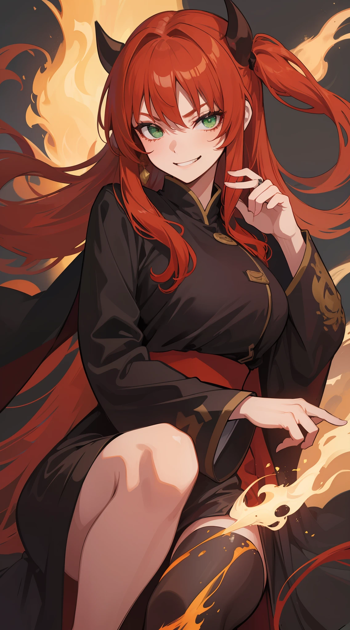 1mature girl, red long flowing hair ponytails, green eyes, emitting fire from her hands, wearing black robe uniform and medium boobs. {{Evil smirk or smile}} {{21yo face}}