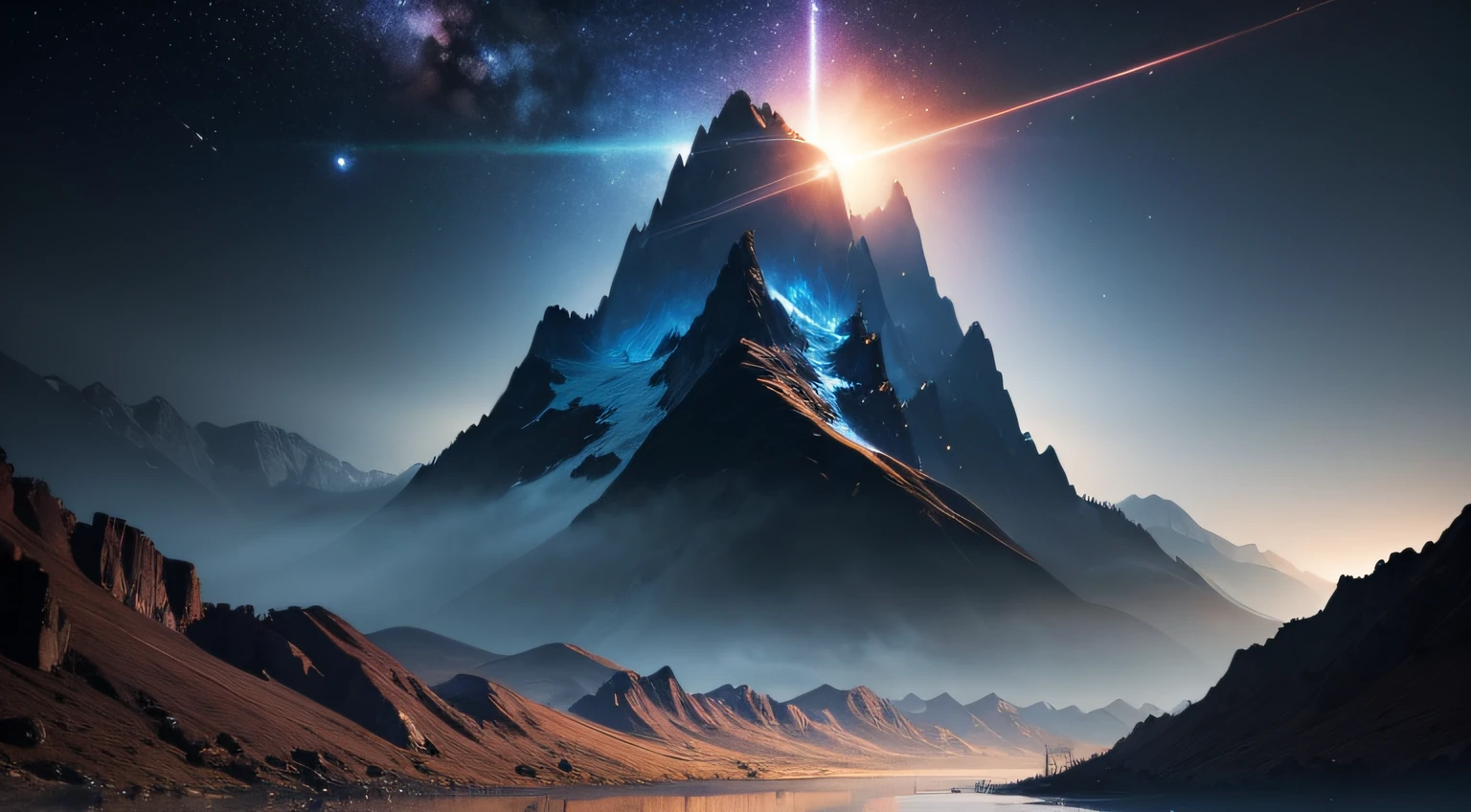 A surreal landscape with a mountain and a river in the middle, the sky full of stars and planets, chaingirldark style volumetric lighting, dynamic lighting, trends on Artstation, 8k --auto