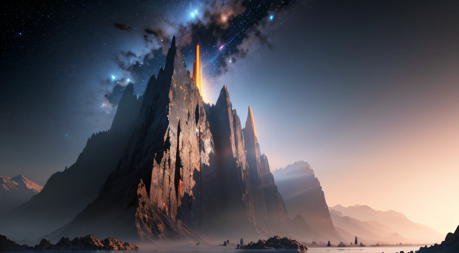 A surreal landscape with a mountain and a river in the middle, the sky full of stars and planets, chaingirldark style volumetric lighting, dynamic lighting, trends on Artstation, 8k --auto