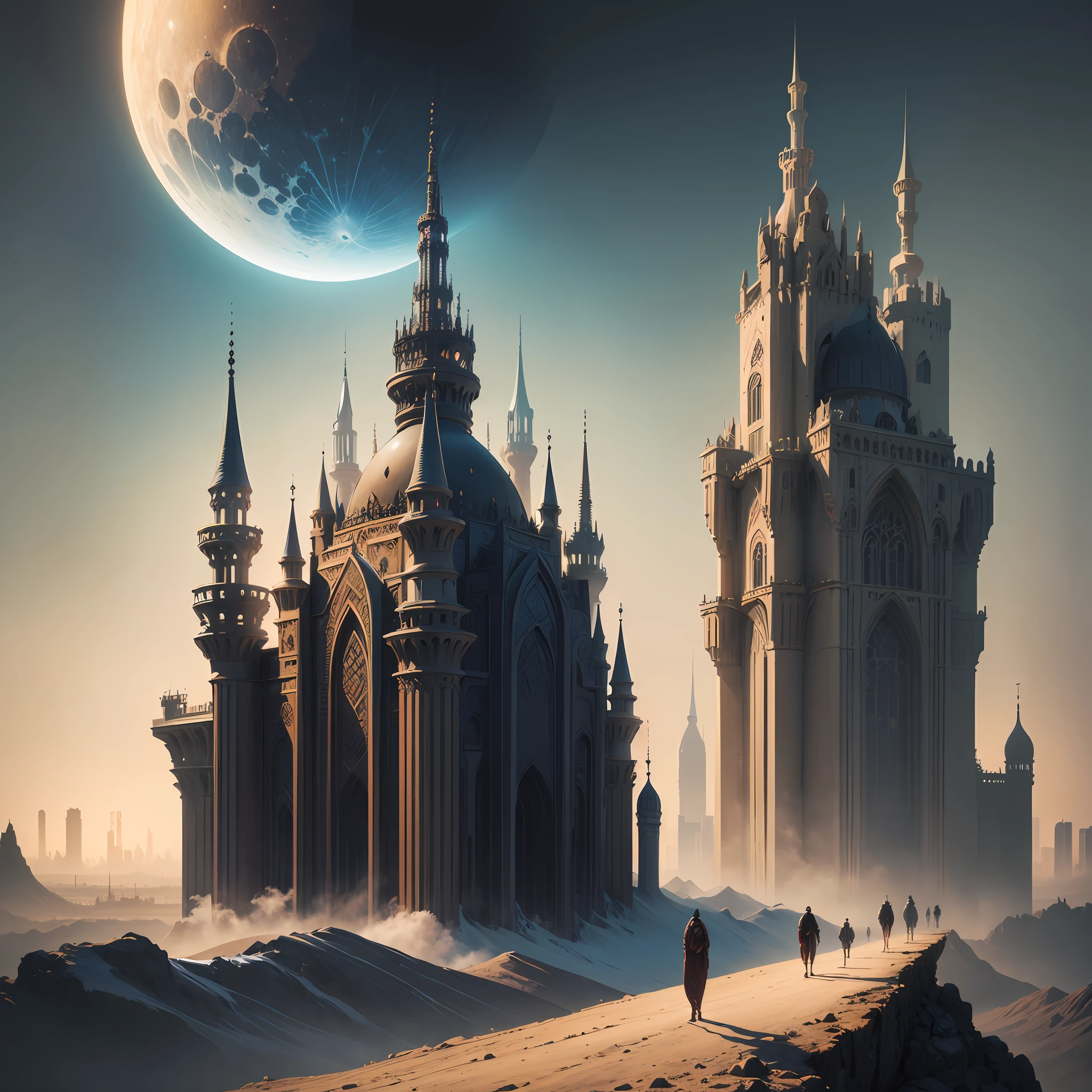 there is a large futuristic masterpiece Arabian castle in Quranic art style in the middle of a futuristic city with a moon, in fantasy sci - fi city, sci-fi fantasy wallpaper, masterpiece concept art cityscape, epic Arabic calligraphy art sci fi illustration, huge futuristic islamic design, fantasy scifi, with masterpiece Quranic art desktop wallpaper, fantasy art city background, in front of a fantasy city, fantasy city, in a castle on an alien planet with masterpiece Calligraphy. --auto