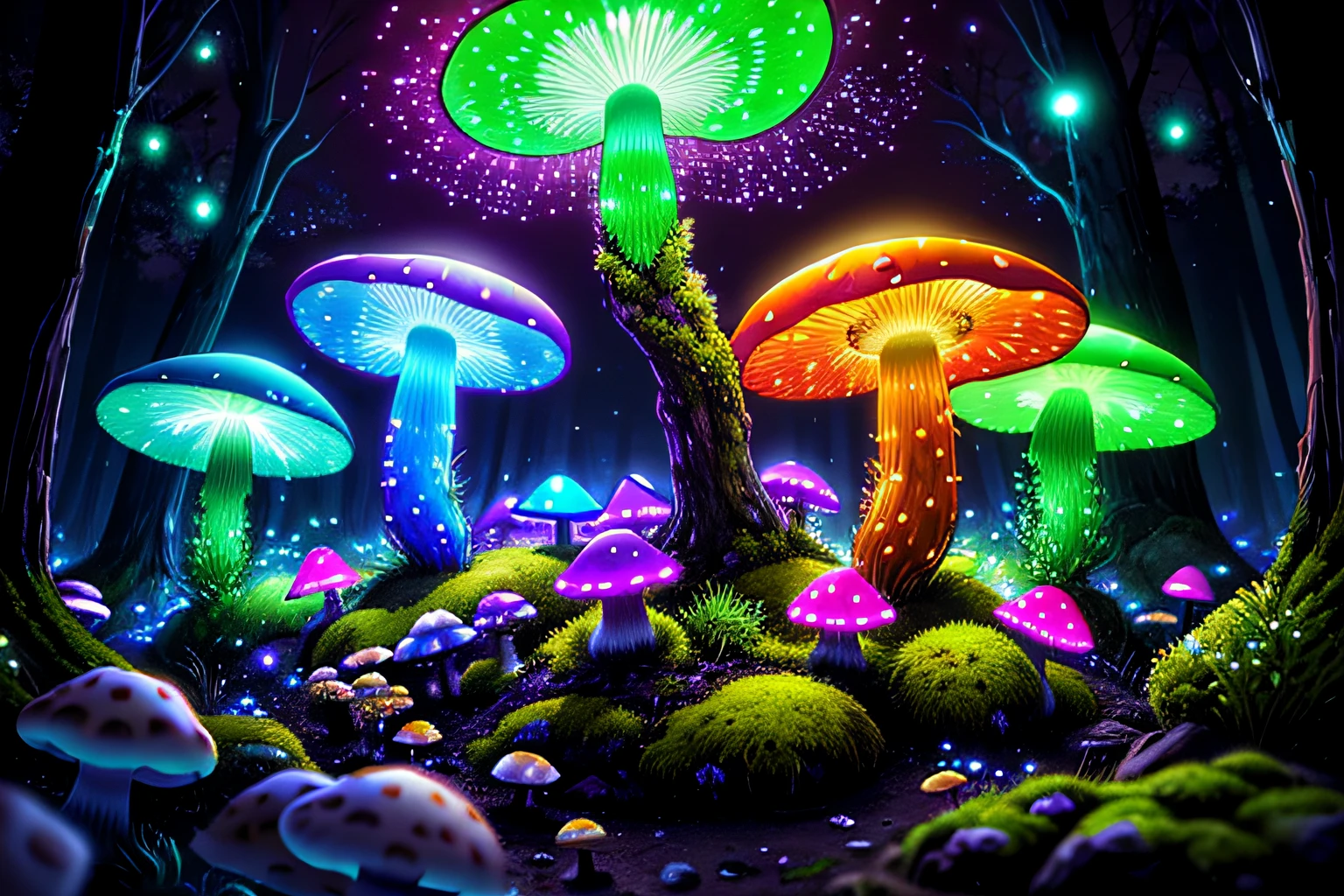 (highly detailed:1.2),(best quality:1.2),8k,sharp focus, (subsurface scattering:1.1)
(glowing magic bioluminescent mushrooms:1.2),psychadelic magic particles inthe air,  (neon bioluminescent mushroom forest at night:1.2), (magical fireflies:1.2)
(very detailed trees and rocks and moss:1.2), (highly detailed background:1.3), RPG, Elden Ring style, (fantasy:1.3),(hyperrealistic:1.1), (((night))), cinematic lighting, highly detailed, artstation,smooth, sharp focus, artgerm, greg rutkowski, editor's pickup, trending on artstation, trending on deviantart, wlop, (contrast:0.4),