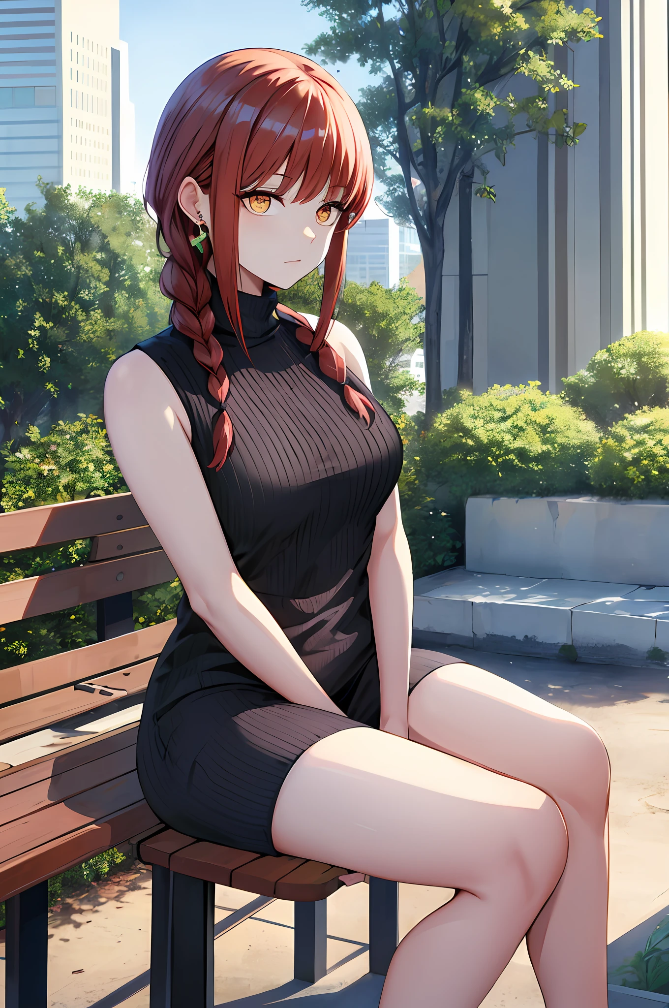 masterpiece, best quality, high resolution, fiona1, spy × family, hair_over_one_eye, solo, earrings, chest, expressionless, sweater dress, turtleneck sweater, sleeveless, outdoors, sitting, bench,red hair, long braided hair, golden eyes