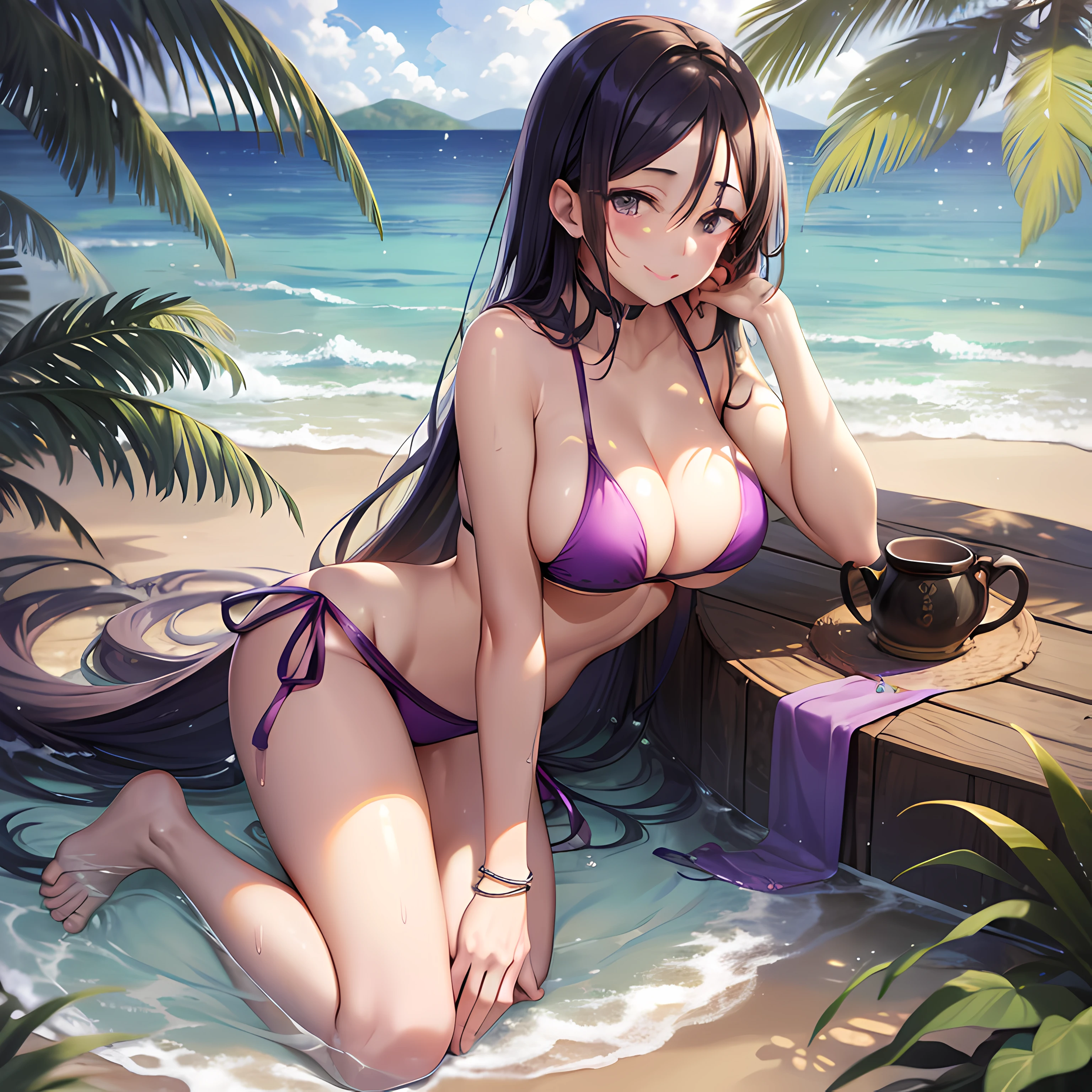 Masterpiece, best quality, high resolution, HS1, (purple swimsuit: 1.6) (barefoot: 1.8), M open feet, looking at the audience, island long hair, big breasts, smile, outdoor, full body, sunlight, dappled sunlight, daytime, depth of field, wet gorund,