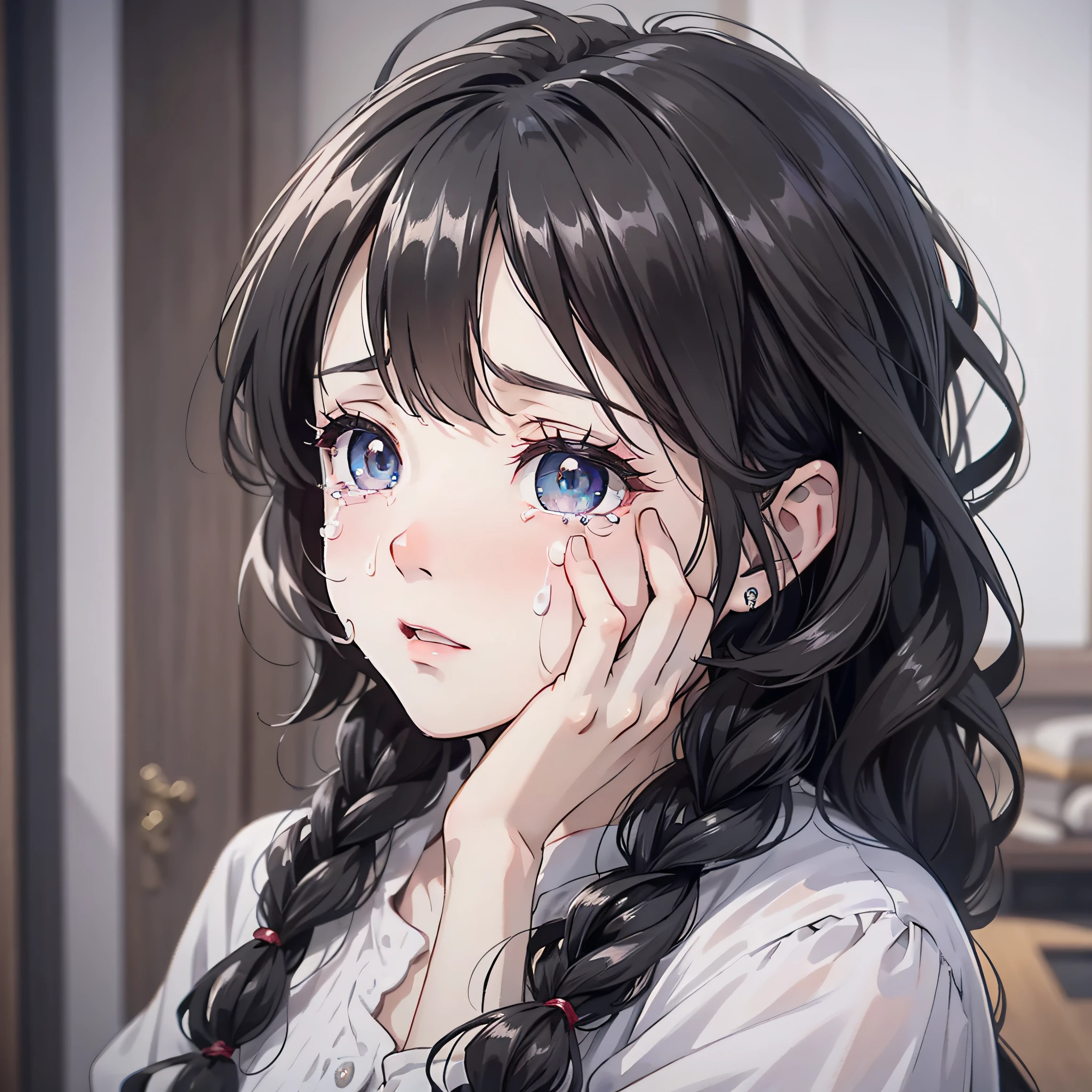 A woman in a white shirt with long black braided hair standing in a village room holding her face and crying in pain (crying expression 1.5) (crying in pain 1.5) (opening mouth 1.5) (tears 1.3) (background is in the village room 1.3) (upper body display 1.5) (girls 1.8) (cinematic lighting 1.5) (master masterpiece: 1.4), hyper detail, anime style 4 K, anime rendering, anime style. 8k, (Big eyes full of tears 1.5) (Crystal beautiful eyes 1.5)