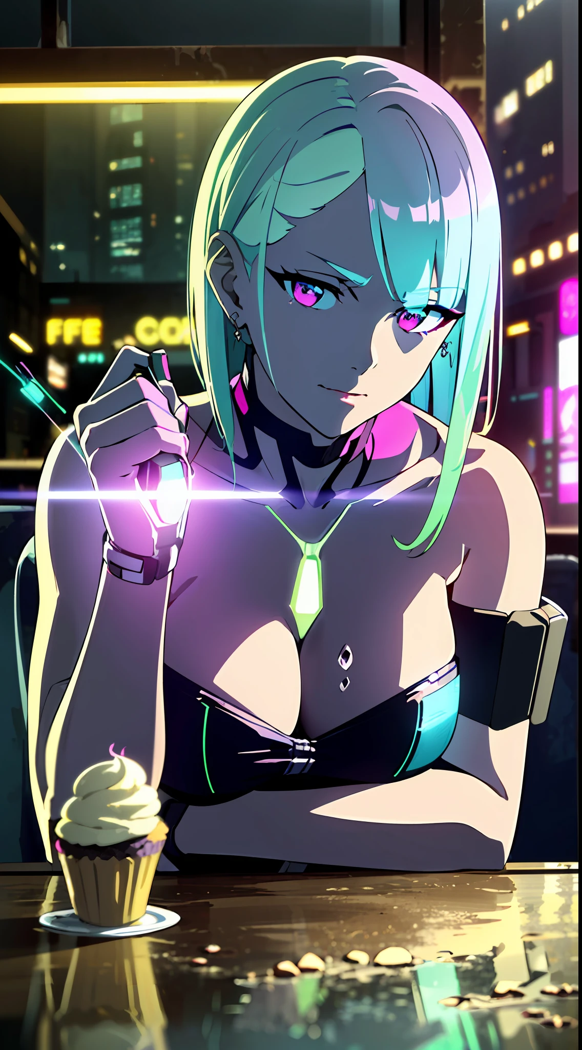 (masterpiece, detailed, high resolution:1.4), cyberpunk, cyberpunk 2077, cyberpunk night city neon background, in a café, ice cream, coffee, cupcake, metal cybernetic silver hand in the foreground in the frame, green-blue glitch effect around the arm, purple-pink neon glow, torso, fluorescent yellow, light green, purple, mint