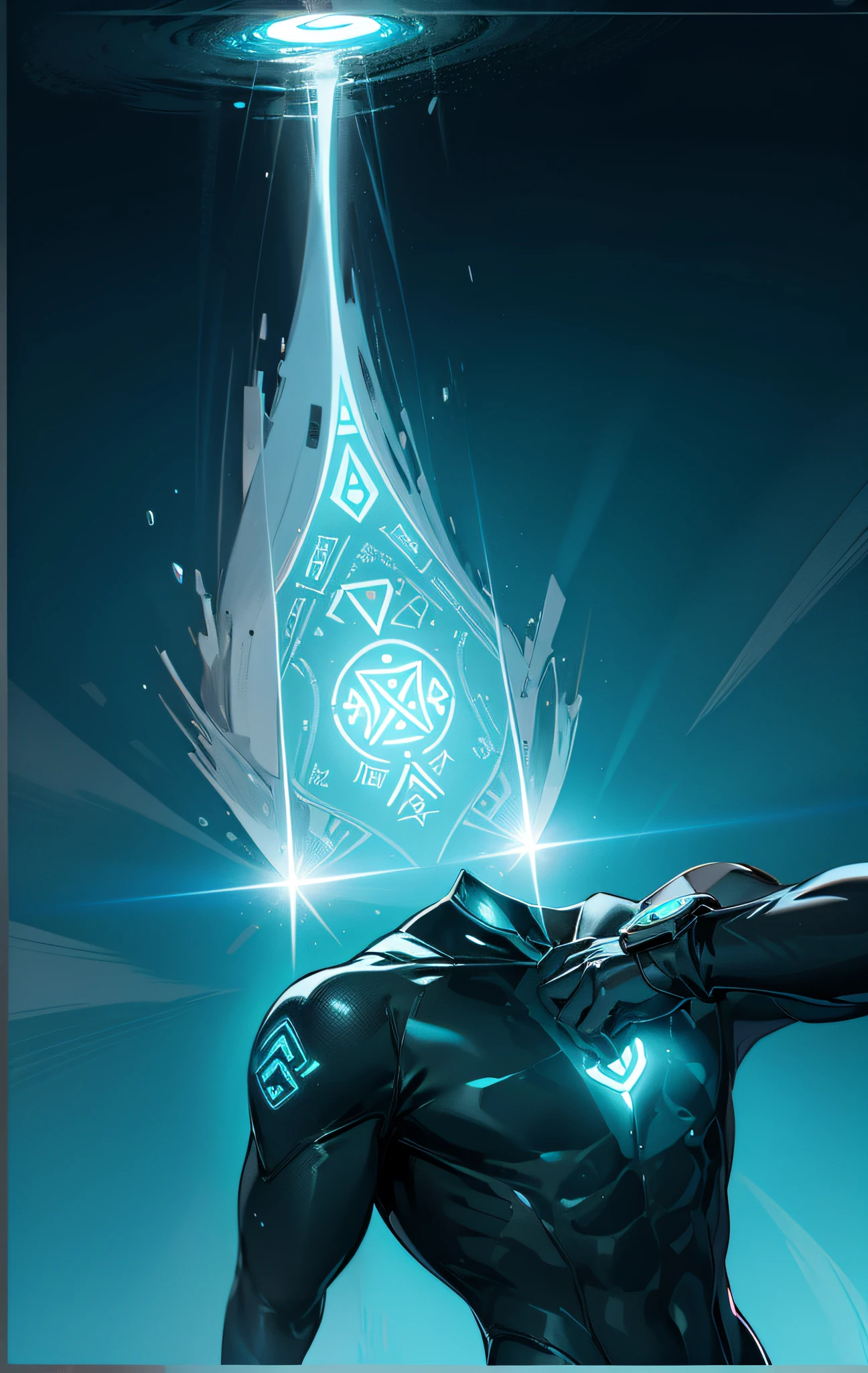 A graphite-colored wetsuit with bright runic symbols like led affixed to the chest.