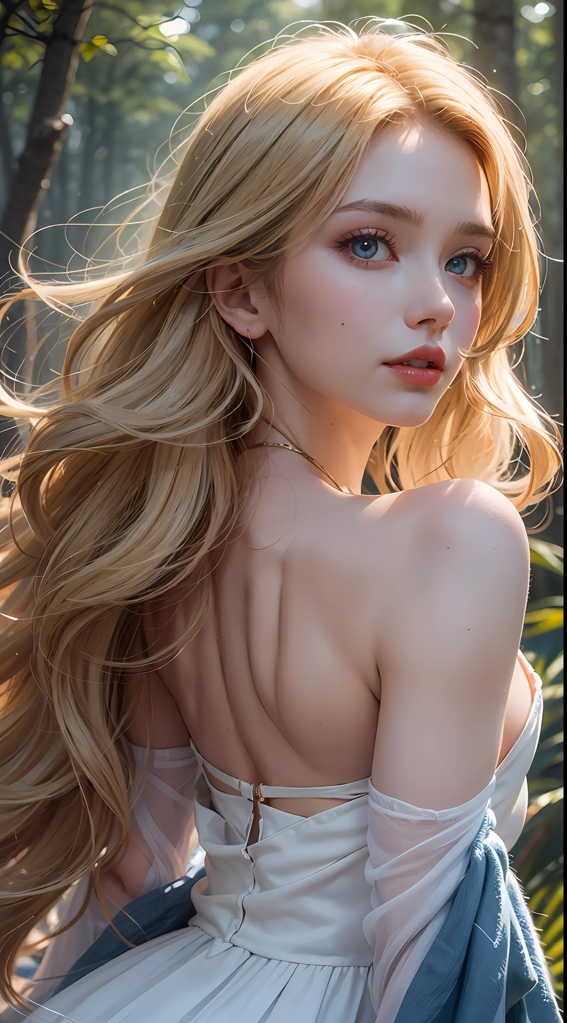 (Best Quality, 8k, 32k, Masterpiece, UHD:1.3), ultra detailed, best quality, photorealistic, face of elsa hosk, (big boobs:1.5), (big ass:1.4), bubble butt, Perfect Body, Ultra Detailed Face, Detailed Lips, tight ass, small feet, light blue eyes, golden blonde wavy hair, red lips, seductive gaze, blonde scandinavian goddess, wind, windblown hair, in a sheered white dress with deep cleavage, wearing sexy attire, dynamic pose, sexy pose, aroused, turned on, volumetric lighting, forest path background