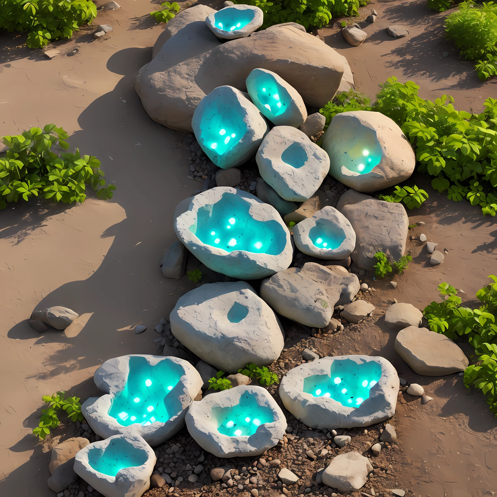 Glowing stones of complex shape, surrounded by plants, are crumbling