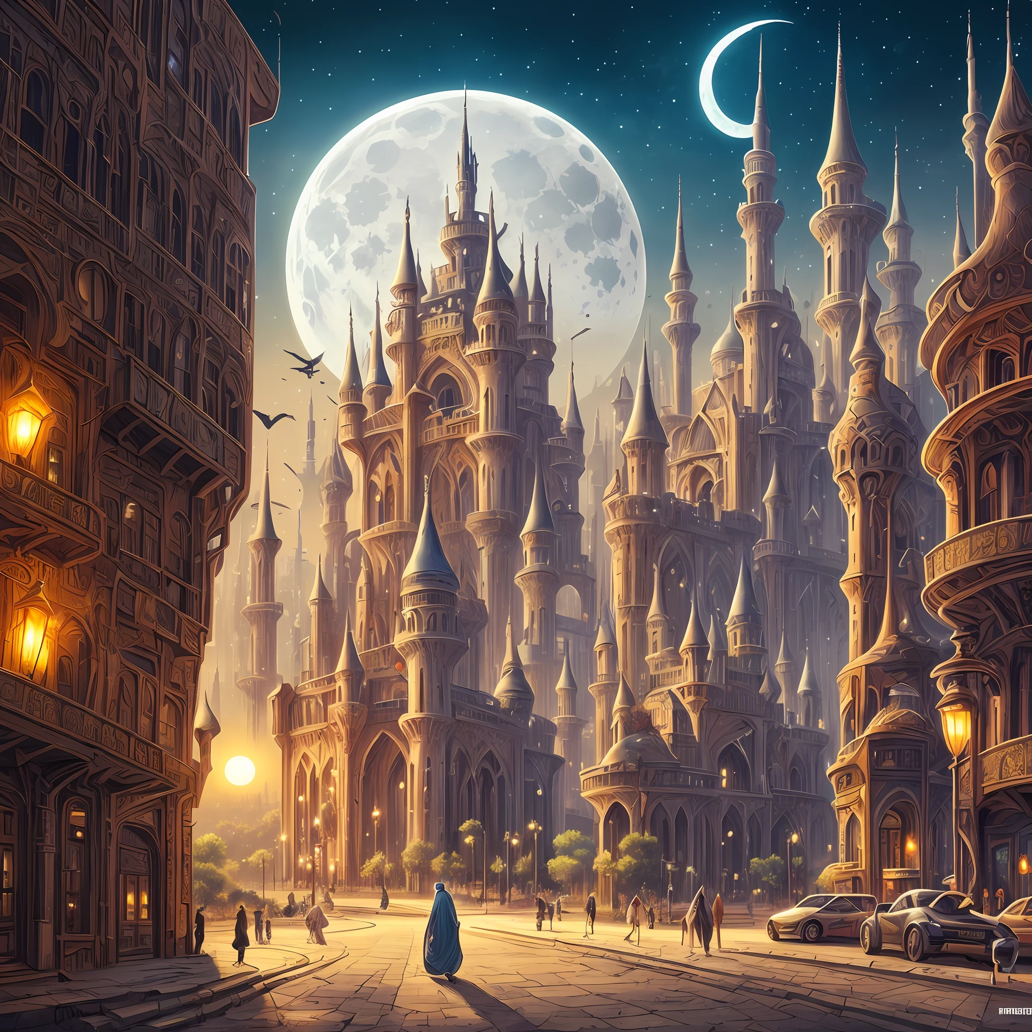 There is a large futuristic masterpiece Arabian castle in Quranic art style in the middle of a futuristic city with a moon, in fantasy sci - fi city, sci-fi fantasy wallpaper, masterpiece concept art cityscape, epic Arabic calligraphy art sci fi illustration, huge futuristic islamic design, fantasy sci fi, with masterpiece Quranic art desktop wallpaper, fantasy art city background, in front of a fantasy city, fantasy city, in a castle on an alien planet with masterpiece Calligraphy --auto