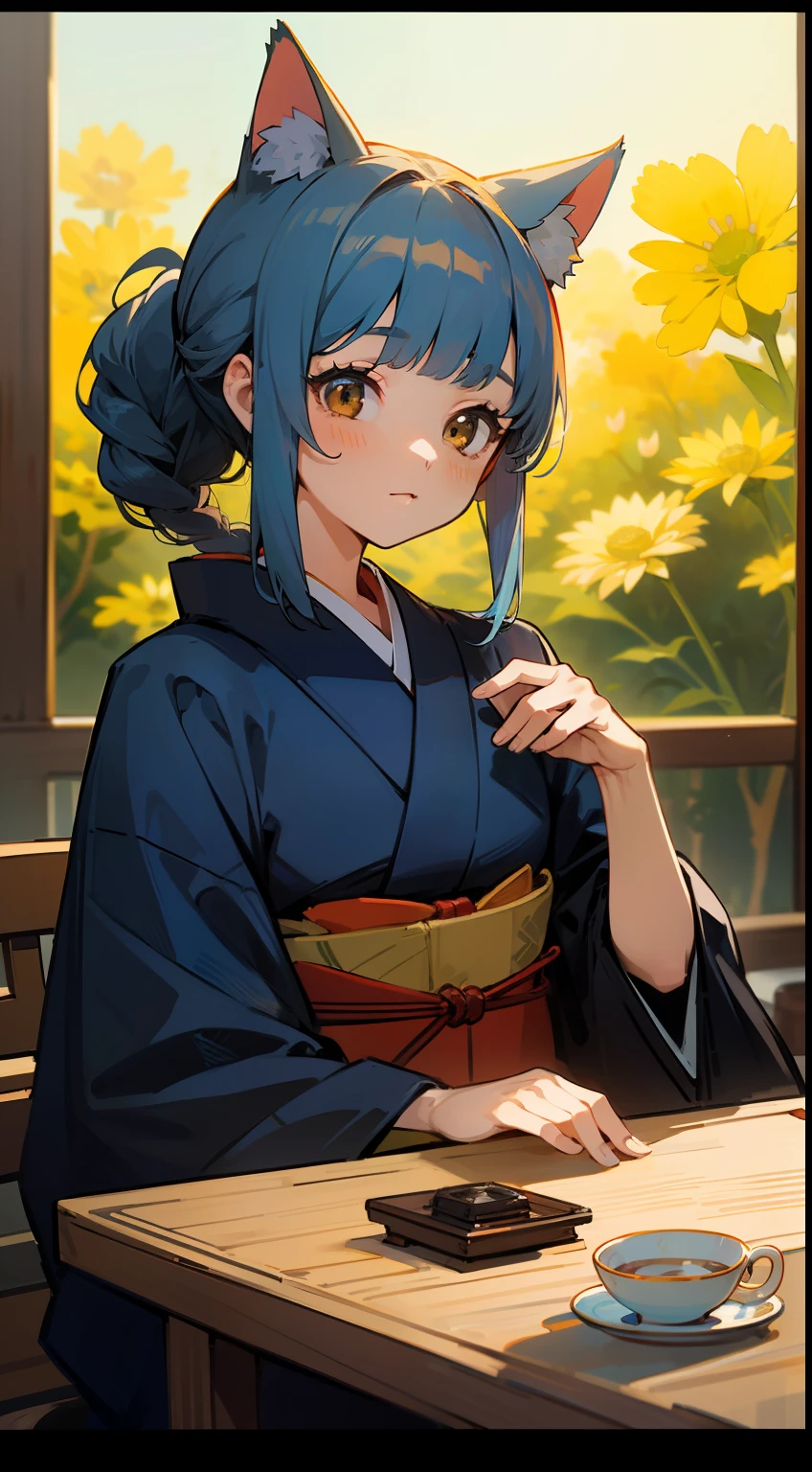 ((Masterpiece)), ((highest quality)), illustration, one girl, hair color, bangs, hairstyle fax, eyes, environmental change scene, portrait from waist up, pose tie, ladies, cat ears, dark light blue hair, brown eyes, kimono, kimono with chrysanthemum pattern, Japan tea house, tea ceremony, single braid, blunt bangs, date,