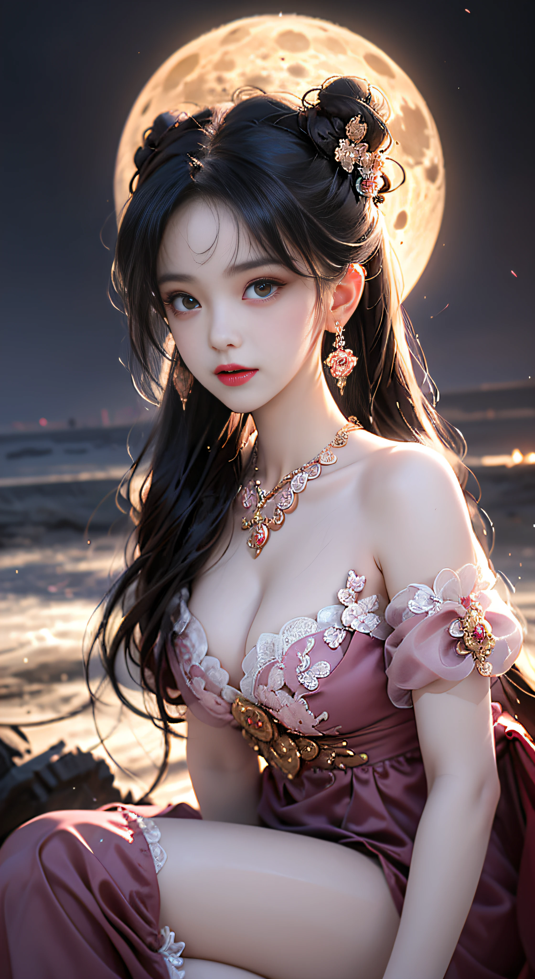 1 adult empress wearing a red lace top, deep-breasted nightgown, Chinese-style clothes, ancient costumes with many phoenix patterns, flawless pink and white face, crowned head, hip-length black hair , very beautiful and sharp brown eyes, small red lips, painted lips, closed mouth, jewelry worn around the neck, earrings, white and even teeth, high nose, big round breasts, the girl's body is covered with water on chest, long legs, thin mesh black socks, portrait, most realistic, highest quality, best pixels, 8k ultra , (clear super big moon background: 1.8)
