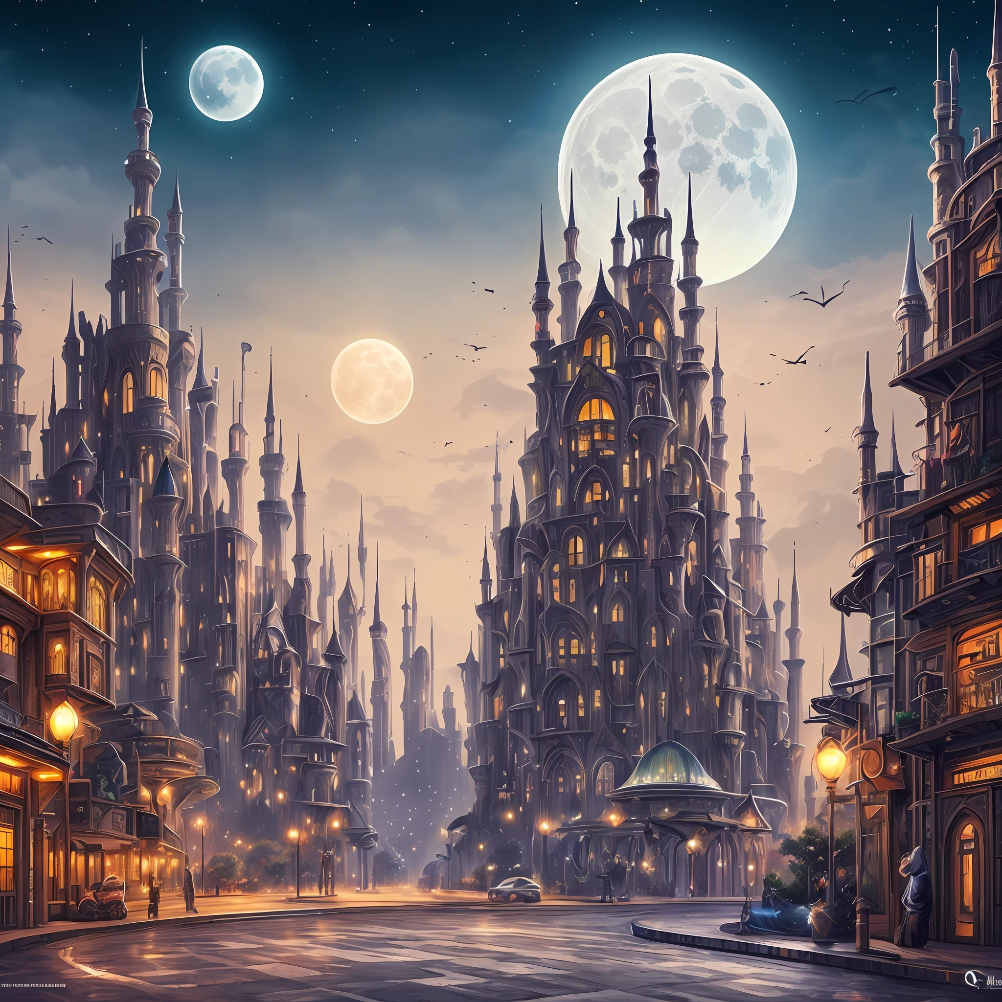 There is a large futuristic masterpiece Arabian castle in Quranic art style in the middle of a futuristic city with a moon, in fantasy sci - fi city, sci-fi fantasy wallpaper, masterpiece concept art cityscape, epic Arabic calligraphy art sci fi illustration, huge futuristic islamic design, fantasy sci fi, with masterpiece Quranic art desktop wallpaper, fantasy art city background, in front of a fantasy city, fantasy city, in a castle on an alien planet with masterpiece Calligraphy --auto