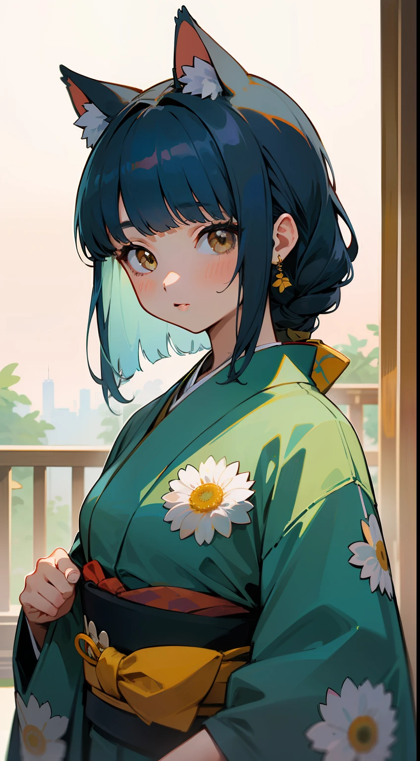 ((Masterpiece)), ((highest quality)), illustration, one girl, hair color, bangs, hairstyle fax, eyes, environmental change scene, portrait from waist up, pose tie, ladies, cat ears, dark light blue hair, brown eyes, kimono, kimono with chrysanthemum pattern, Japan tea house, tea ceremony, single braid, blunt bangs, date,