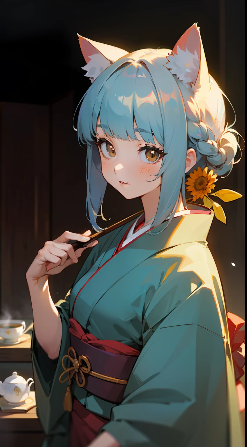 ((Masterpiece)), ((highest quality)), illustration, one girl, hair color, bangs, hairstyle fax, eyes, environmental change scene, portrait from waist up, pose tie, ladies, cat ears, dark light blue hair, brown eyes, kimono, kimono with chrysanthemum pattern, Japan tea house, tea ceremony, single braid, blunt bangs, date,