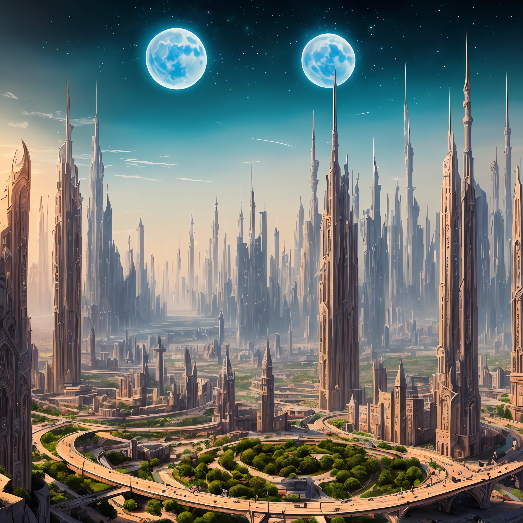 There is a large futuristic masterpiece Arabian castle in Quranic art style in the middle of a futuristic city with a moon, in fantasy sci - fi city, sci-fi fantasy wallpaper, masterpiece concept art cityscape, epic Arabic calligraphy art sci fi illustration, huge futuristic islamic design, fantasy sci fi, with masterpiece Quranic art desktop wallpaper, fantasy art city background, in front of a fantasy city, fantasy city, in a castle on an alien planet with masterpiece Calligraphy --auto
