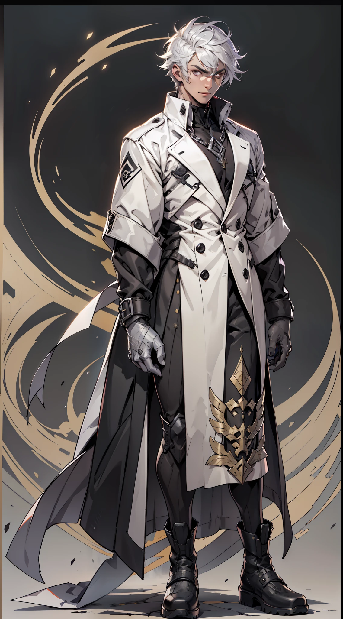 Desenhe um homem jovem com cabelos brancos, appearing to have an aura of wisdom and mystery. Seus cabelos brancos devem ser longos e levemente ondulados, proporcionando um visual elegante e distinto. Ele usa um longo, black overcoat that extends to his ankles, creating an imposing and intriguing appearance. O sobretudo deve ter um design detalhado Seus olhos devem ser penetrantes e expressivos, imparting wisdom and a depth of experience. The special silver footwear he wears is a unique and technological piece. It should be a type of boot or footwear that goes up to the knee, com um acabamento brilhante e detalhes futuristas. Essas botas prateadas devem ser estilosas e funcionais, providing the character with a unique and distinctive appearance. Sinta-feel free to give the figure an air of mystery and power, keeping a touch of youth in his appearance. Lembre-if the main emphasis is on the black overcoat and the special silver footwear, But other additional details can be added to enhance the character and make-lo ainda mais fascinante