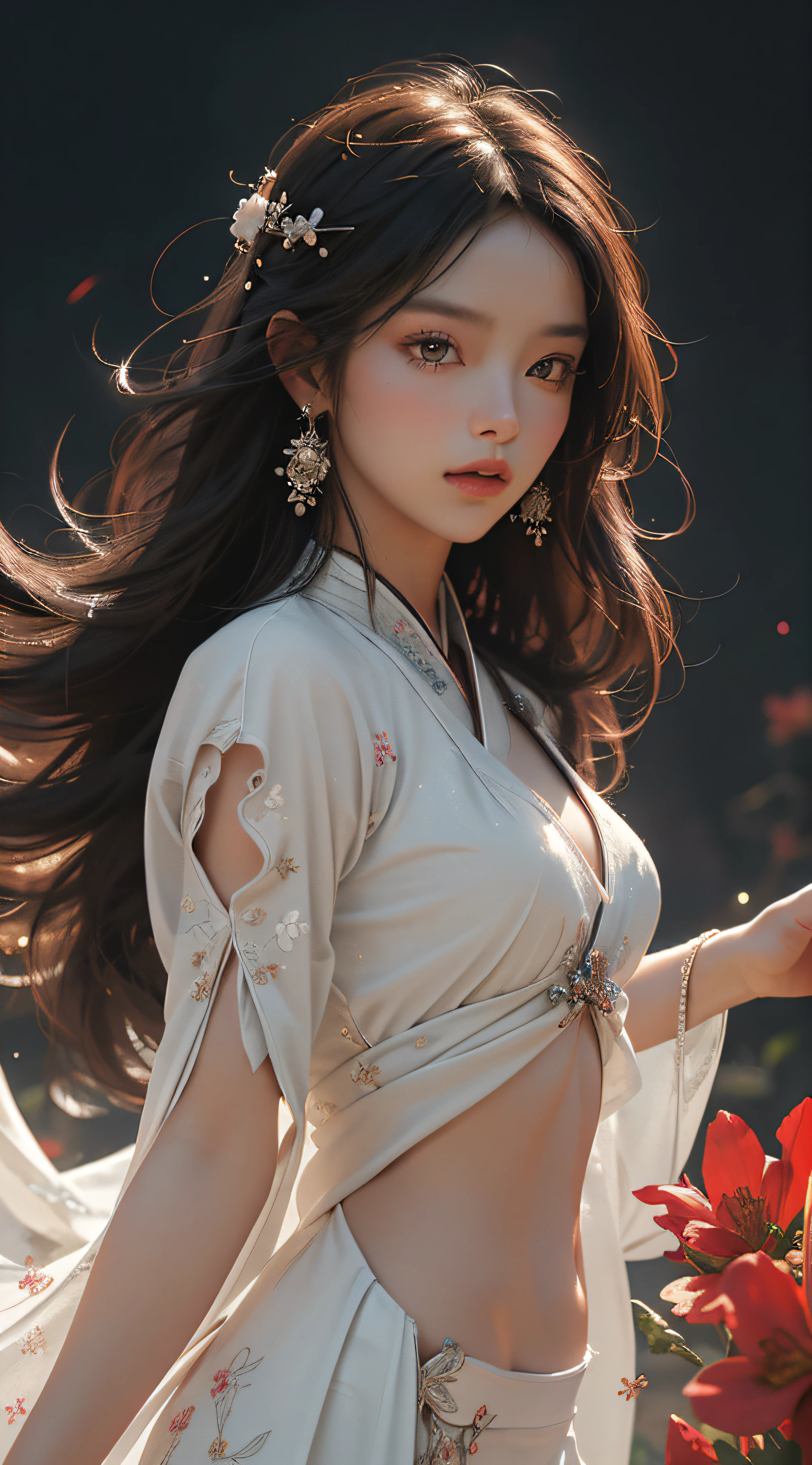 Super high quality, masterpiece, perfect illustration, extreme detail (exquisite light and shadow, highly dramatic picture,) Zhongfenghua, 1 girl, solo, hanfu, flower field, flowers, (white smoke: 1.3) (realistic:1.4), zen entanglement, red, black and white Hanfu, tangled, official art, Unity 8k wallpaper, super detailed, beautiful and beautiful, masterpiece, best quality, (dynamic angle: 1.4), glowing skin, (floating colorful glitter: 1) the most beautiful chaotic form, elegant, brutalist design, Bright colors, romantic depth of field exotic_dance, half_naked