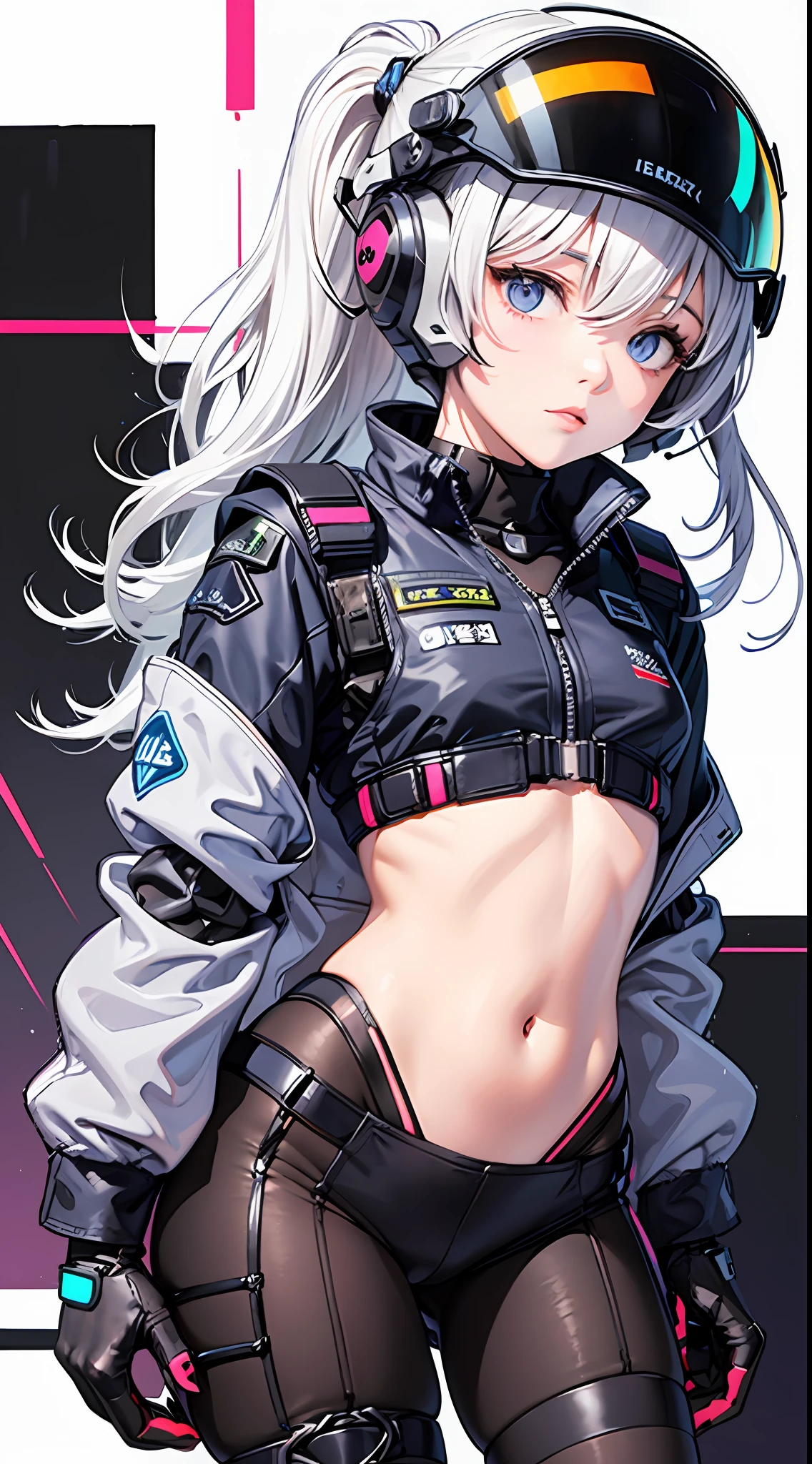 (flat color),(colorful),(masterpiece:1.2), best quality, masterpiece, looking at viewer, white background,
1girl, white hair, slightly curly hair, expressionless, ponytail, side braid,
mecha bodysuit, mecha museum, mechanical parts,robot joints, headgear, cyberpunk, neon_trim, glowing neon lights, blue, purple,
open jacket,black sheer pantyhose, visible through (sheer crop top), shirt,
garter,necktie, navel, gloves,Hand katana,
techwear jacket, with buckle and tape, black gloves, tactical vest,cyberhelmetWearable_cyberhelmetv02:1> , cyberhelmet,cyborg,(helmet)