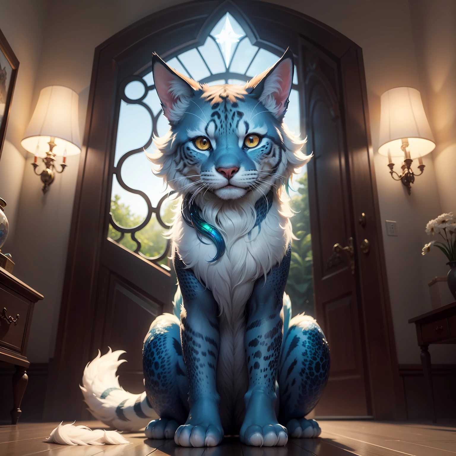 Start creating the image with anime strokes, adhering to the artistic style characteristic of Pokémon drawings. Use vivid colors and striking lines to draw the creature, called Prismantel.
Prismantel has the physical form of a panther. Its body, the size of an Arcanine, is covered in shimmering scales that reflect all the colors of the spectrum. Paint the scales with a rainbow color palette, each color smoothly transitioning to the next, to give a sense of iridescence.
Draw the head of Prismantel elegantly, with large almond-shaped eyes. Paint the irises a deep blue, leaving a small glow in the corner to suggest a soft light.
Add two thin, pointy ears, similar to those of a Lynx, framing the creature's face.
Prismantel's tail is long and sinuous, like that of a Luxray, but ends in a robust chameleon-like spiral. The shimmering scales also cover this tail.
Draw the claws of Prismantel's feet as crystal-like, translucent, multi-colored structures. Paint them so that they appear to be shining with an inner light.
Capture the elements that Prismantel can manipulate in action around it. Draw a small swirl of fire dancing on your front paw (red), a ball of earth floating on your other paw (yellow), a breath of wind circling around your tail (white), and a drop of water floating near your head (blue).
Draw Prismantel in a crystal cave setting to reflect its natural habitat, using cool, soft tones to keep the focus on the creature.
Finish the image with clean lines and rich, intense colors, highlighting the splendor of Prismantel. The scales should appear to reflect light like small prisms, adding extra brightness to the scene