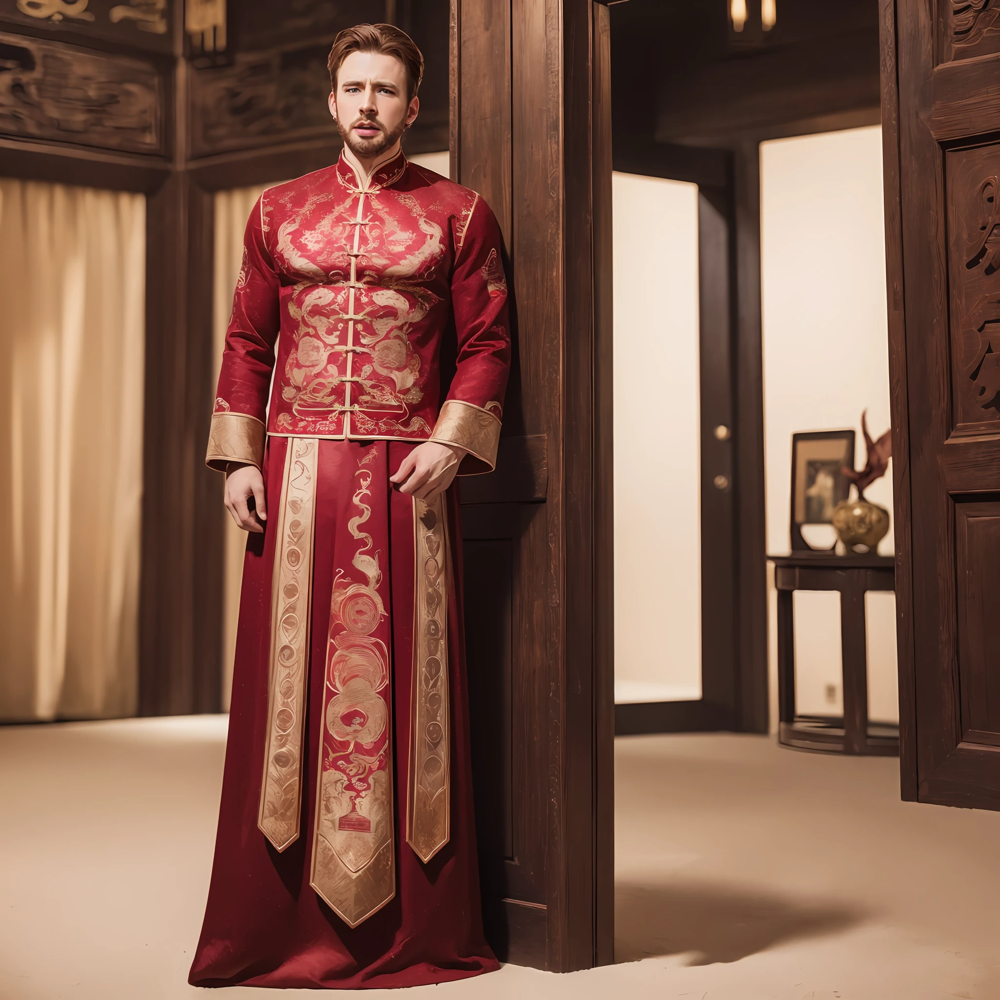 (8k, RAW photo, best quality, masterpiece:1.2), (realistic, photo-realistic:1.4), ultra-detailed, (chris evans),masculine style,perfect detail , make up,(full body:1.5),chinese style architecture,a dress with a red and gold pattern on it