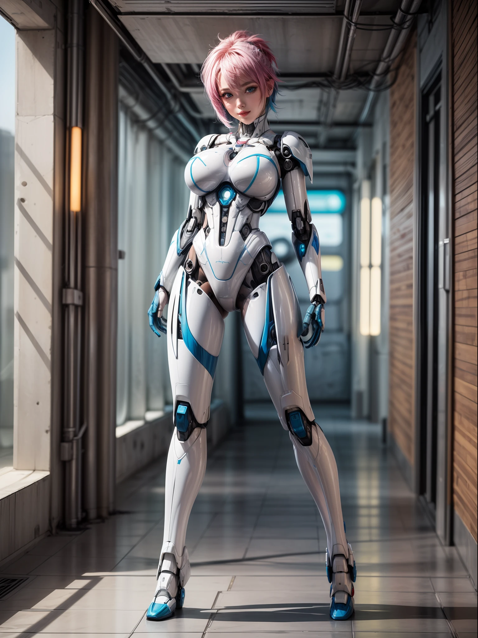 ((Full body/standing):2) {((Only 1woman):1.2)}: ((Wearing white mecha suit with blue parts, extremely tight on the body):1.5), has ((extremely large breasts): 1.2), only she has ((pink mohawk hair, blue eyes):1.2), is ((leaning against the wall, doing erotic pose for the viewer, smiling)). \n Background:((in a futuristic dungeon full of giant robots):1.5). anime, anime style, 16k, high resolution, ((best quality, high detail: 1.3)), UHD, ((masterpiece))