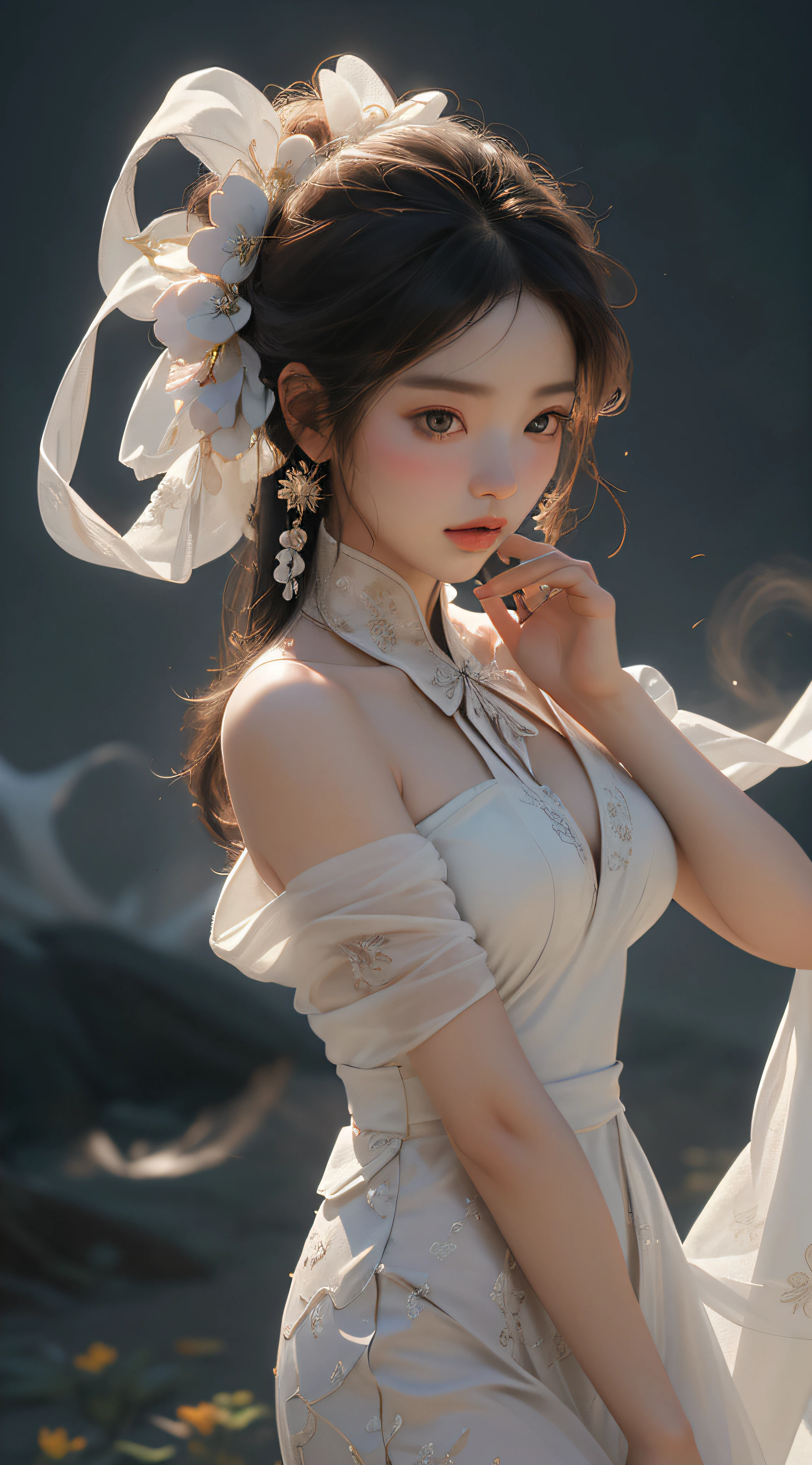 NSFW, Super High Quality, Masterpiece, Perfect Illustration, Extreme Details (Delicate Light and Shadow, Highly Dramatic Picture,)Zhong Hua, 1 Girl, Solo, Hanfu, Ancient_Chinese_architecture, Flower Field, Flowers, (White Smoke:1.3) (Realistic:1.4), Zen Entanglement, Mandala, Tangled, Official Art, Unity 8k wallpaper, super detailed, beautiful and beautiful, masterpiece, best quality, (Dynamic angle: 1.4), glowing skin, (Floating colorful flashes: 1) The most beautiful chaotic forms, elegant, brutalist design, bright colors, romantic depth of field exotic_dance, half_naked