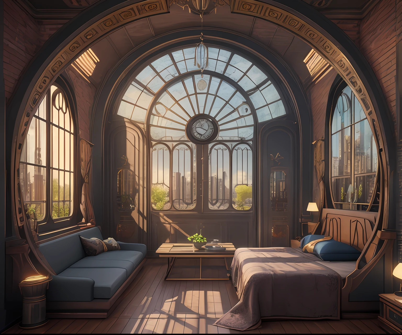 There is an ornate bedroom in the style of Versailles with a big historical window. Through the window is a hyperrealistic cyberpunk dreamscape cityscape. The cityscape is extremely detailed and complex, with many lights and colors and buildings of many different sizes. A giant steampunk grandfather standalone clock can be seen ((through the window)). The entire artwork is very realistic with many small details and enhancements. 3D render beeple, artstation and beeple highly, in fantasy sci-fi city, inspired by beeple, 8k, unreal engine unity CGI. Masterpiece and popular.