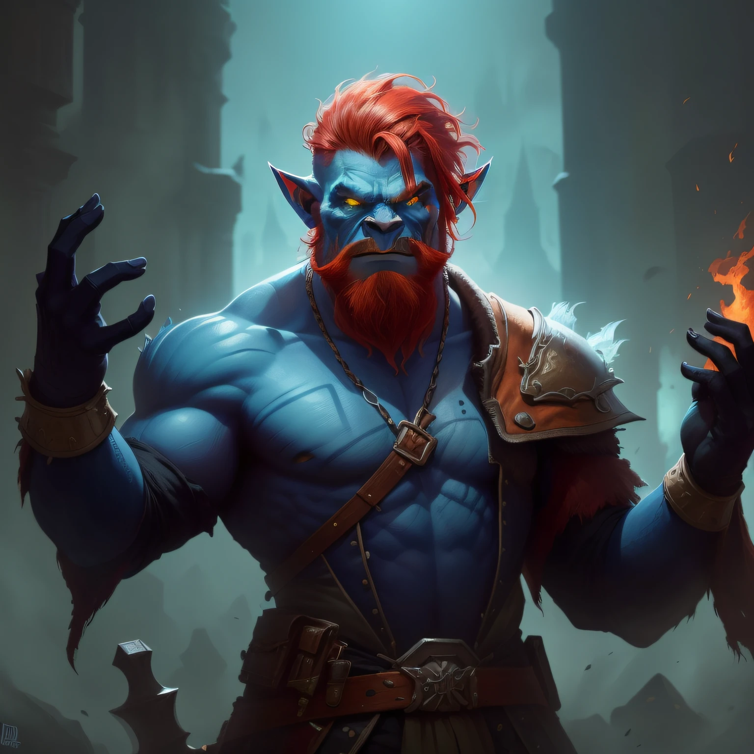 A blue Orc medium with red hair and a red beard, realistic, fantasy art style, inspired by Johannes Helgeson, portrait of a character, art dnd fantsay, d & d