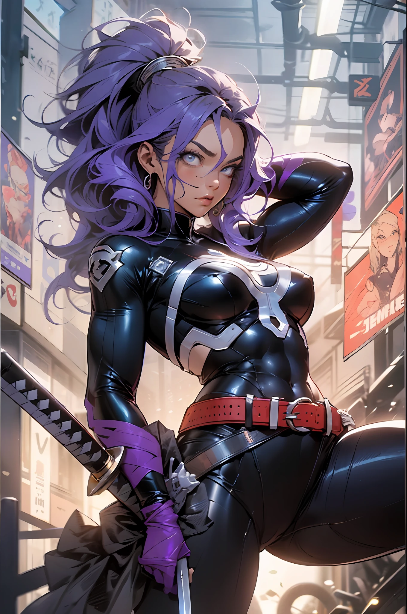 4K, x-men, psyloke, sexy woman, muscular body, purple hair, blue suit, holding katana, long hair, fighting pose, red belt at the waist.