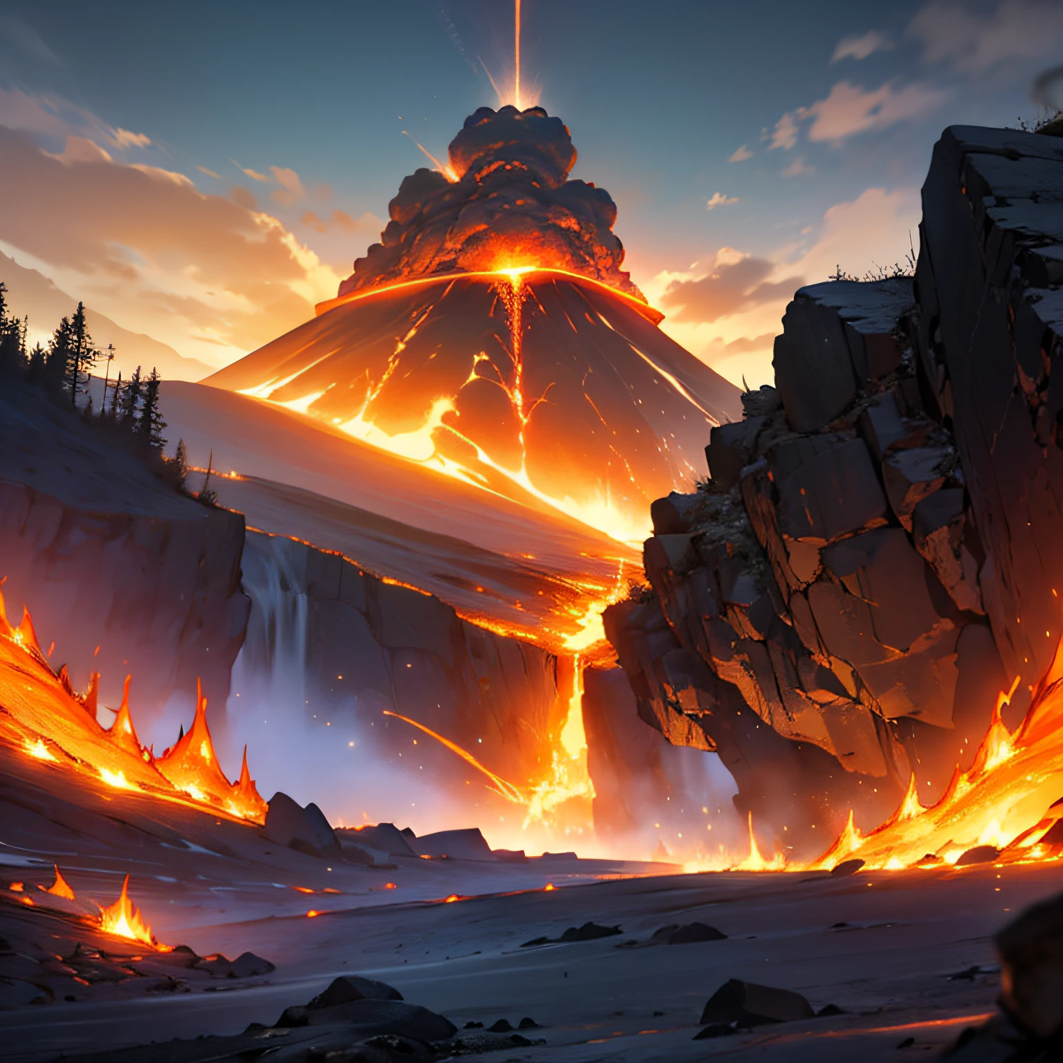 (The erupting volcano) is spitting lava into the air in a dramatic burst of vibrant colors. The yellow and light and dark orange hues mix with oily black spots, creating an apocalyptic scenario. --auto