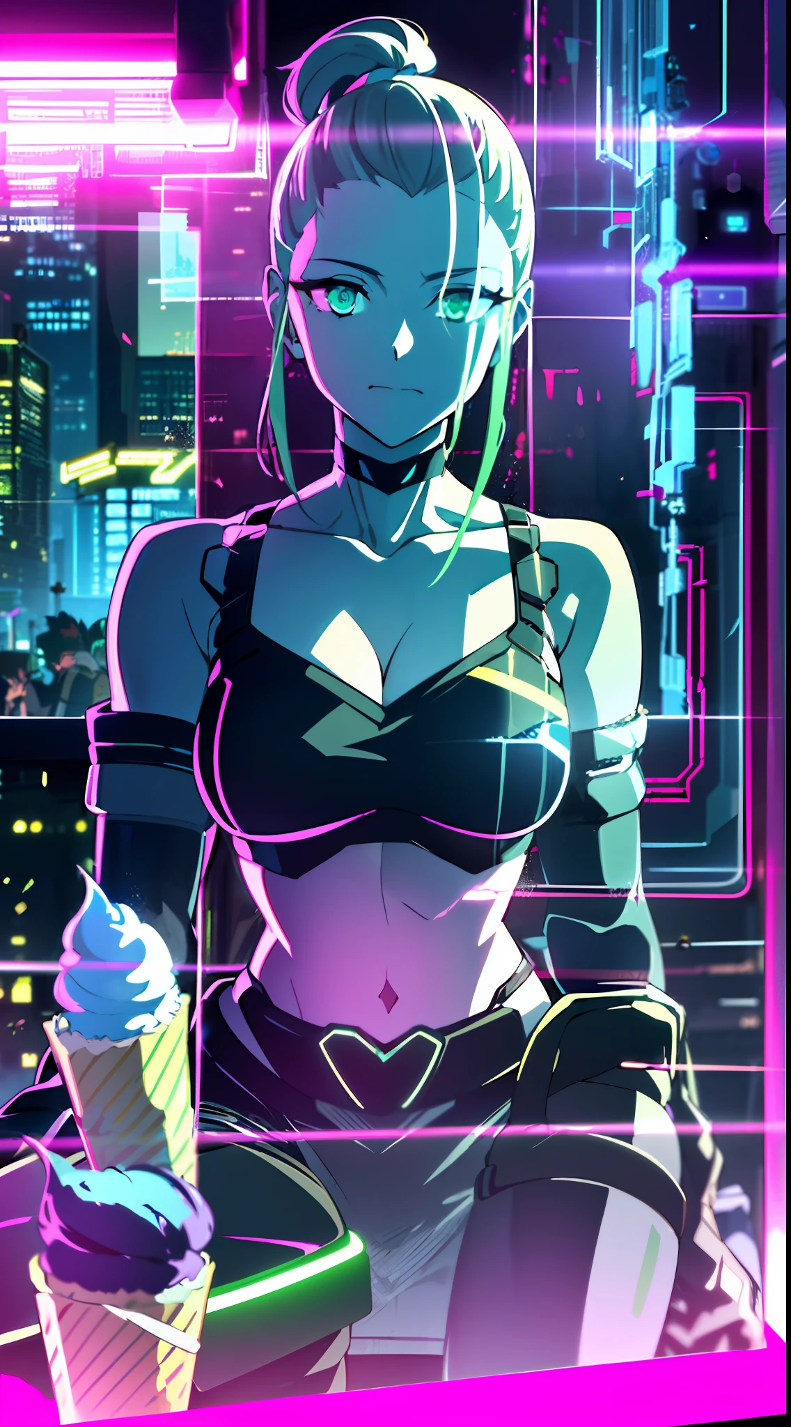 (masterpiece, detailed, high resolution:1.4), cyberpunk, cyberpunk 2077, cyberpunk night city neon background, ice cream, coffee, cupcake, metal cybernetic silver hand in the foreground in the frame, green-blue glitch effect around the arm, purple-pink neon glow, torso, fluorescent yellow, light green, purple, mint