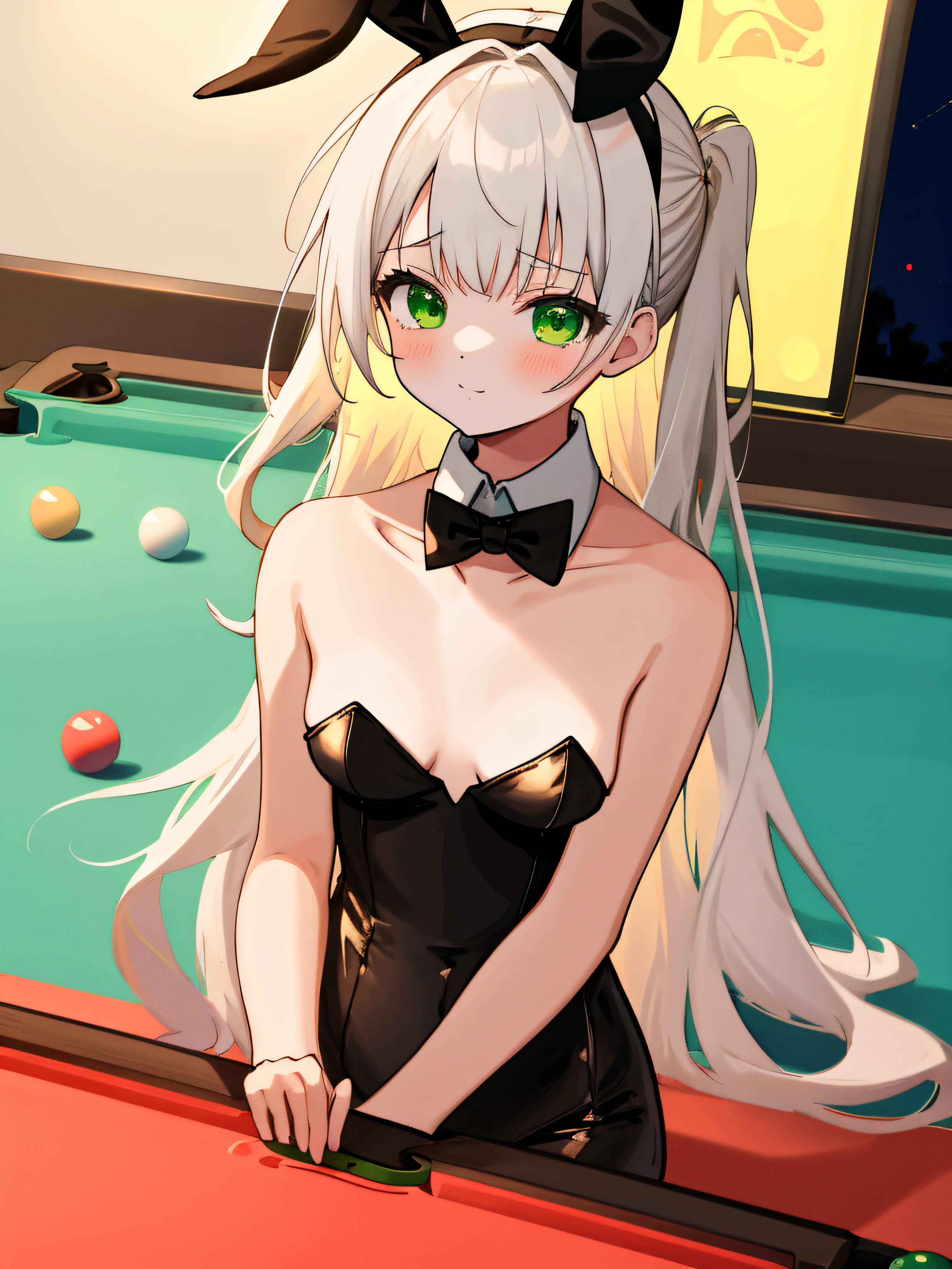 (masterpiece, best quality, absurdres), 1girl, solo, solofocus, white hair, long hair, green eyes, tiny breasts, preteen, closeup, indoors, night, pool table, playboy bunny, black bunny outfit, gold bowtie, whte collar, neon lights, slot machines