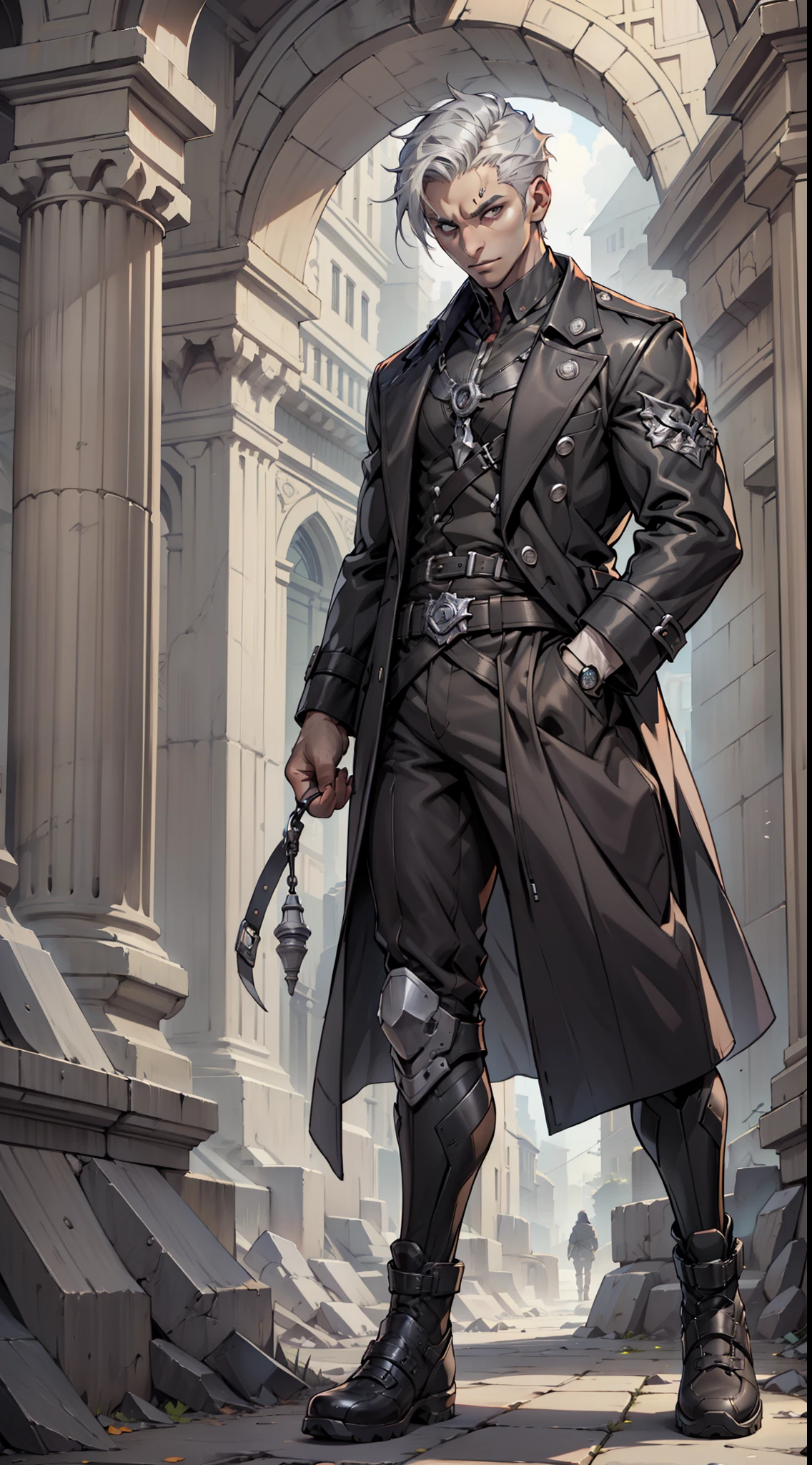Desenhe um homem jovem com cabelos brancos, appearing to have an aura of wisdom and mystery. Seus cabelos brancos devem ser longos e levemente ondulados, proporcionando um visual elegante e distinto. Ele usa um longo, black overcoat that extends to his ankles, creating an imposing and intriguing appearance. O sobretudo deve ter um design detalhado Seus olhos devem ser penetrantes e expressivos, imparting wisdom and a depth of experience. The special silver footwear he wears is a unique and technological piece. It should be a type of boot or footwear that goes up to the knee, com um acabamento brilhante e detalhes futuristas. Essas botas prateadas devem ser estilosas e funcionais, providing the character with a unique and distinctive appearance. Sinta-feel free to give the figure an air of mystery and power, keeping a touch of youth in his appearance. Lembre-if the main emphasis is on the black overcoat and the special silver footwear, But other additional details can be added to enhance the character and make-lo ainda mais fascinante