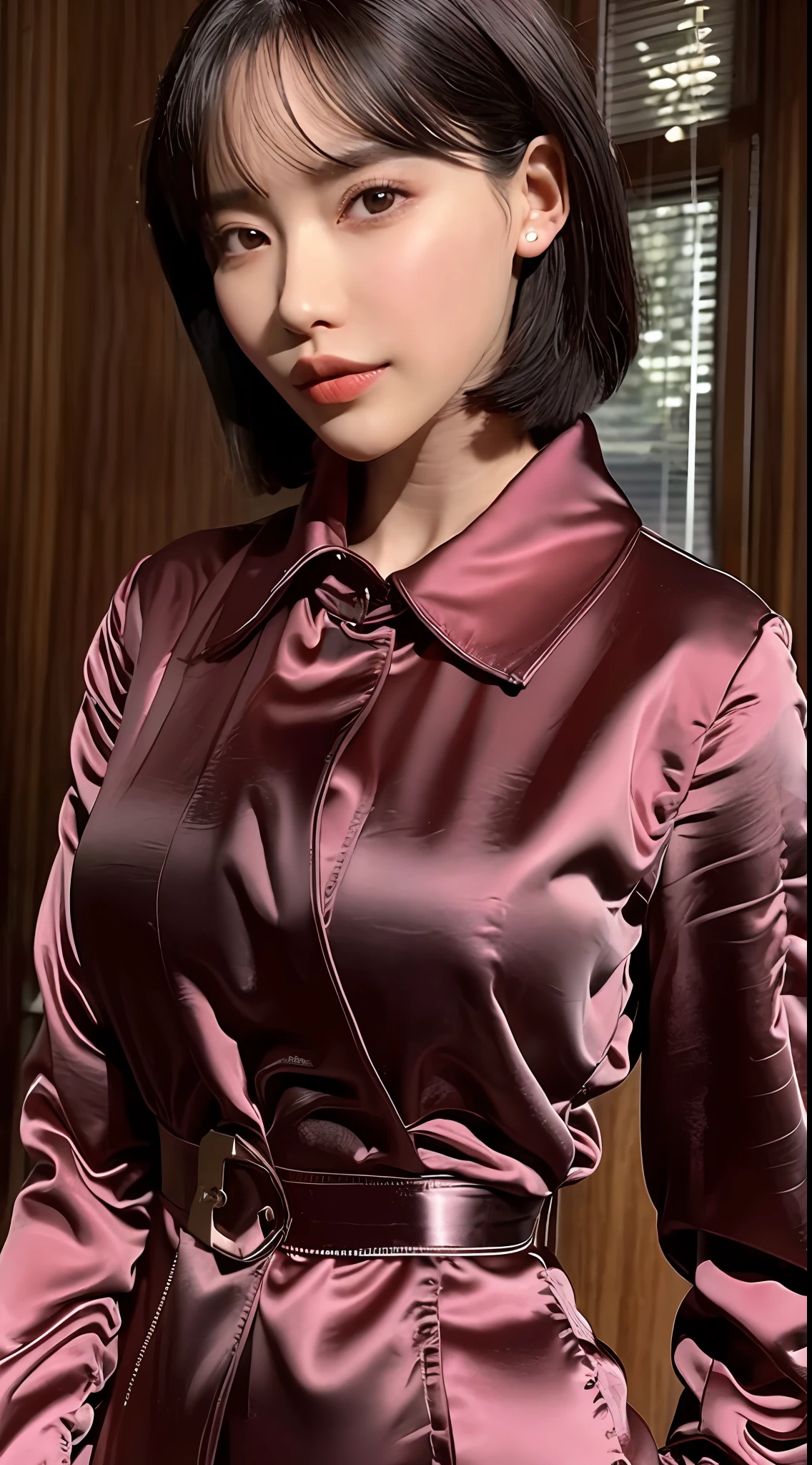 The highest quality, the highest image quality, the ultra-detailed, the material of the satent wrench coat, satin blouse, coat and blouse has a strong gloss, soft and smooth touch, seducing the viewer expression, face, full body shot,