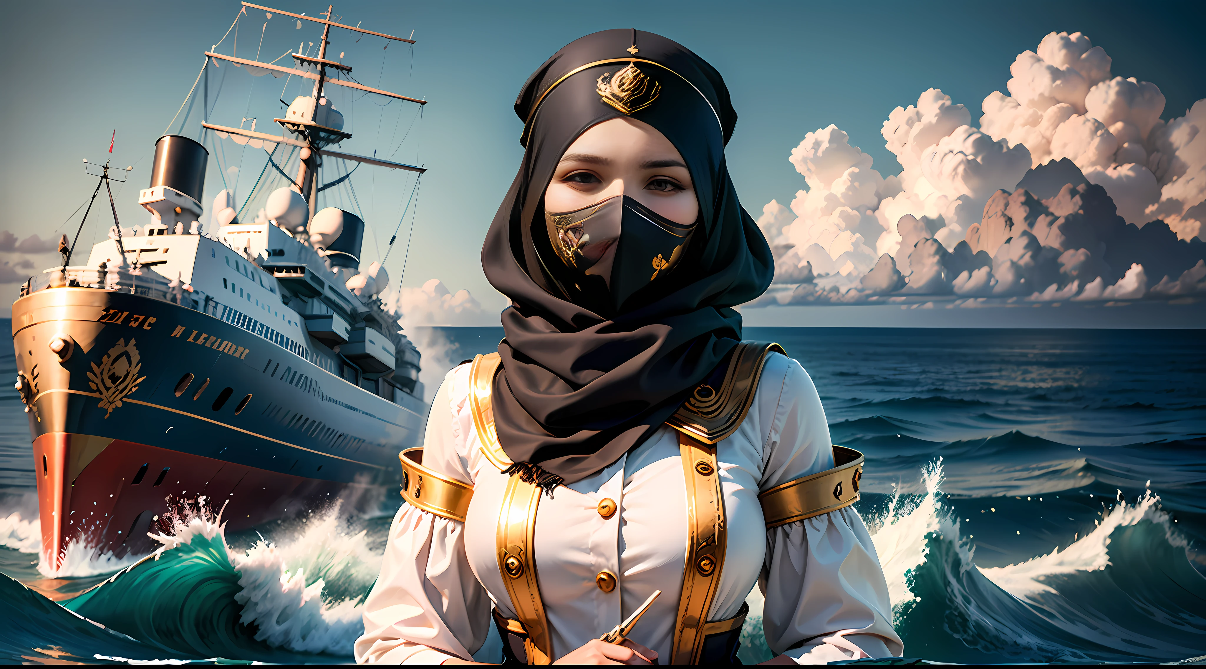 Panorama, portrait, realism, blue sky and sea, 1girl,, Ottoman style luxury naval military dress, gold decoration, Arabesque tight turban, European silk scarf, cotton mask mask, face with gold-encrusted black leather mask, standing on the deck of the warship, facing the audience, in the background is another huge armored cruiser in the sea, two 380MM front main guns, a large number of guns on the hull, flying scissor bow, the hull and Ottoman style decorative patterns, majestic, traveling in the ocean, chopping waves, perfect composition, professional, Meistwick, commissioned, best quality, color correction, post restoration, retouching, improvement, idyllic, tone mapping, detail, highly detailed, digital painting, art station, concept art by chamba, smoothness, sharp focus, beautiful illustration, photograph, backlight, dynamic lighting, fog, complex, film grain, professional, facing the audience, all masked people, (beautiful m3d_woman, perfect m3d_face,), volumetric lighting, underground scattering, good highlights, Good shadows, movies