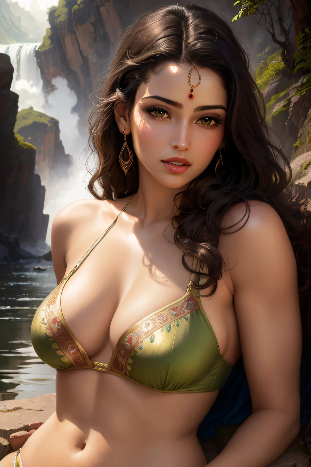 ((realistic:1.5)),((best quality)), ((masterpiece)),((detailed)), (1girl), {a beautiful female wearing a Sari}, (upper body:1.3),super-wide-angle lens,face focus, mature,sexy,toned muscles,long legs,curvy, barefoot, oversized firm breasts, open cleavage, drooping breasts, thick thighs,wide hips, thin legs, green eyes,long black hair,floting hair,long eyelashes, (detailed face,beautiful eye, detailed pupilss,detailed clothes features, clear background:1.3), (Bindi,Jhumkas:1.3), (Armlet, Haar, Payal,Maang Tikka,Jhumkas,Kamarband,Bangles:1.3), mysterious ancient ruin, lush forests, deep canyons,bridge,river,cliff,cloud, lakes,rock,waterfalls, flowers, grass, fog,vine,tree, smoke, best shadow,bright details,sharp,perfect composistion, Intricate, Sharp focus, dramatic, by Frank Frazetta,by Julie Bell,by Olivia De Berardinis,by Luis Royo,by boris vallejo, (specular lighting:1.3),rim light, princesses, royal skimpy underwear, random red/gold color, laying on the floor, spooning her friend, thirsty face, erotic face, lips open, almost undressed, escorted by male soldier