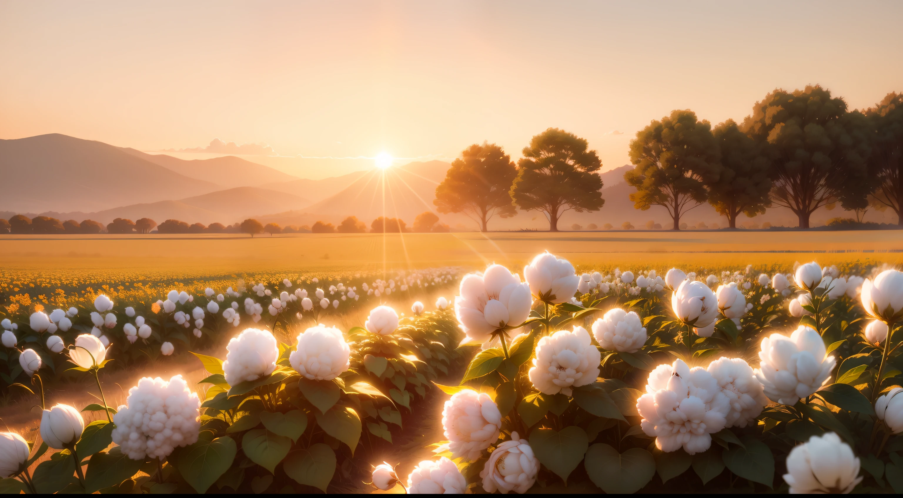 arafed field of cotton plants with the sun setting in the background, cotton, lots of cotton plants, lots of white cotton, soft golden light, golden hour sunlight, shining golden hour, bathed in golden light, beautiful sunny day, lined in cotton, shot at golden hour, shutterstock, morning golden hour, sun is shining, golden sunlight