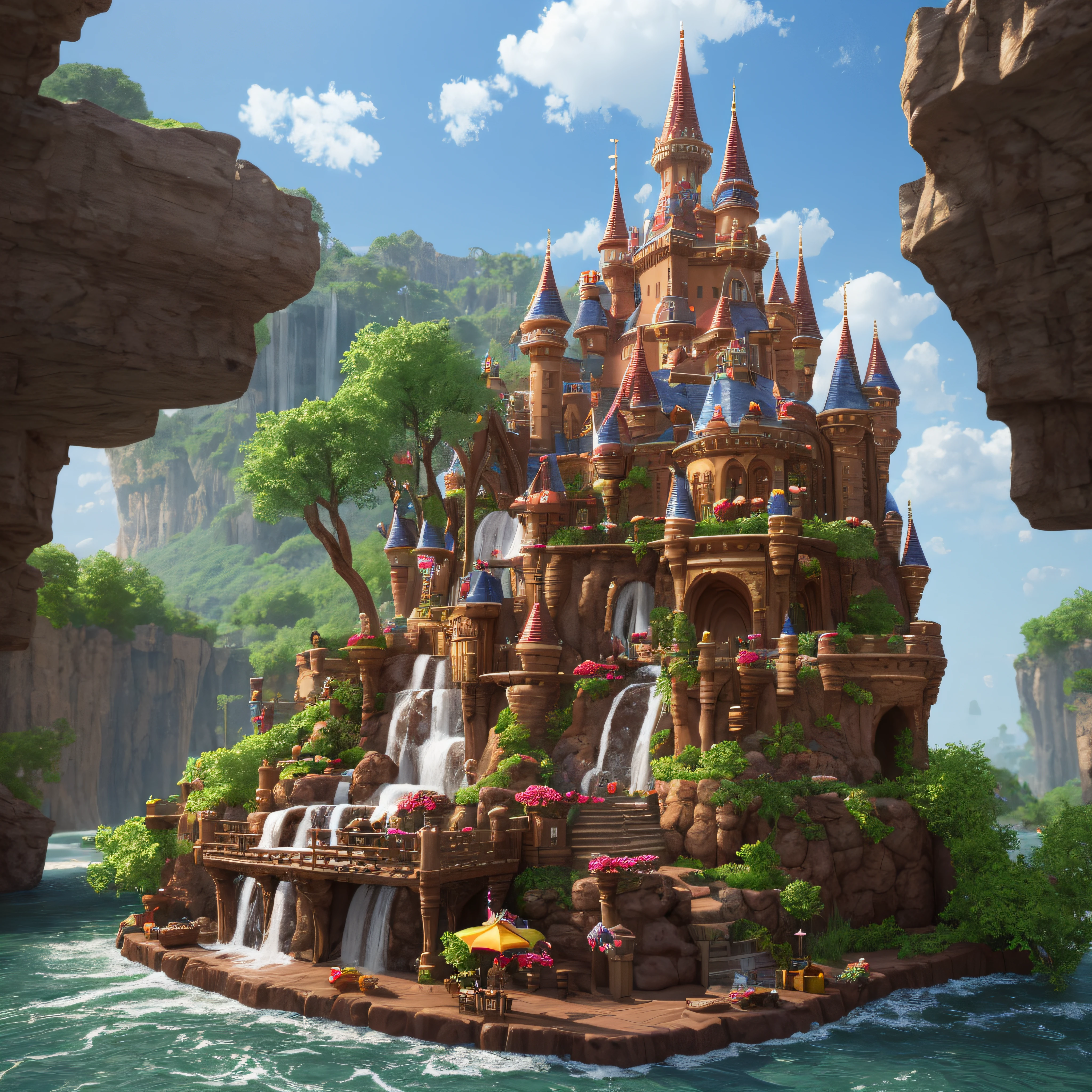candy castle with a chocolate waterfall in the background in realistic 3D --auto