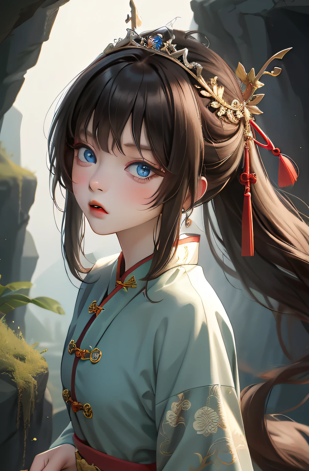 Best quality, masterpiece, brunette hair, blue eyes, head up, wearing traditional Chinese costume, (tiara 4.1), scared expression, looking straight into camera, cave in background