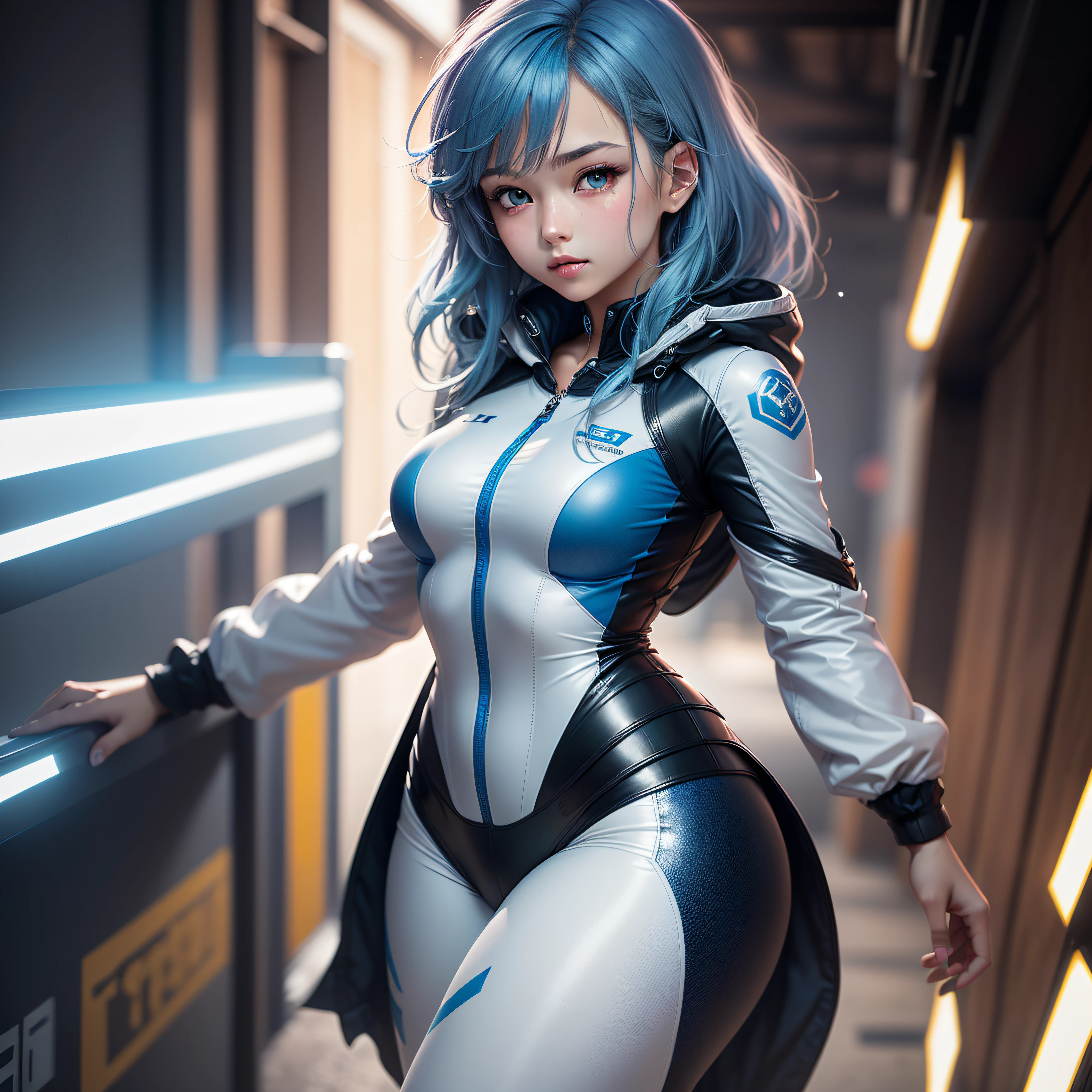 (Super elaborate CG Unity 8K wallpaper, masterpiece, highest quality): (Solo girl, solo, Japan face, 1 girl, sparkly blue colored eyes, blue hair, white and blue color flight suit, tight fit clothes, full-body covering clothes, beauty, cute, gentle expression)
