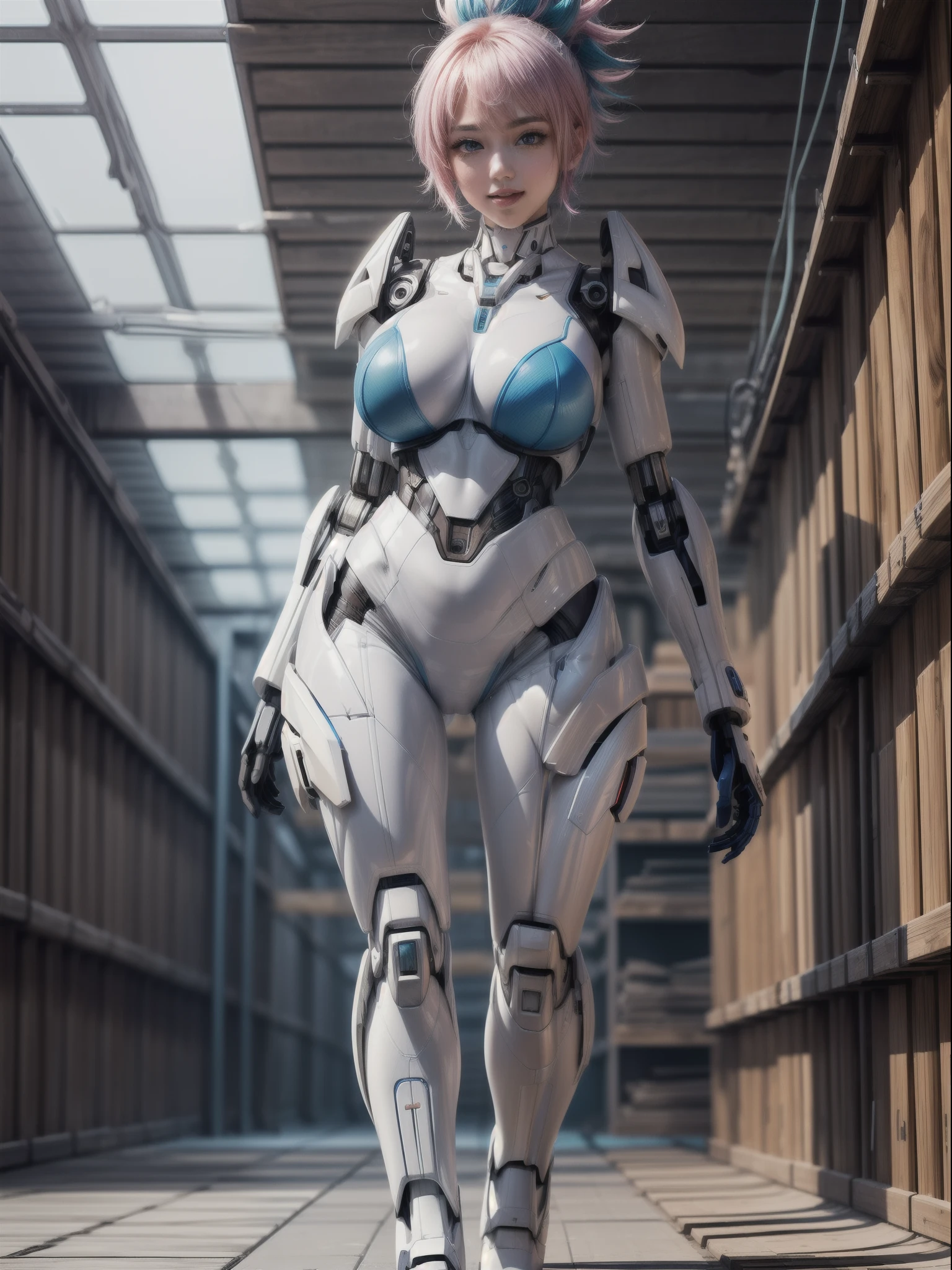 ((Full body/standing):2) {((Only 1woman):1.2)}: ((Wearing white mecha suit with blue parts, extremely tight on the body):1.5), has ((extremely large breasts): 1.2), only she has ((pink mohawk hair, blue eyes):1.2), is ((leaning against the wall, doing erotic pose for the viewer, smiling)). \n Background:((in a futuristic dungeon full of giant robots):1.5). anime, anime style, 16k, high resolution, ((best quality, high detail: 1.3)), UHD, ((masterpiece))