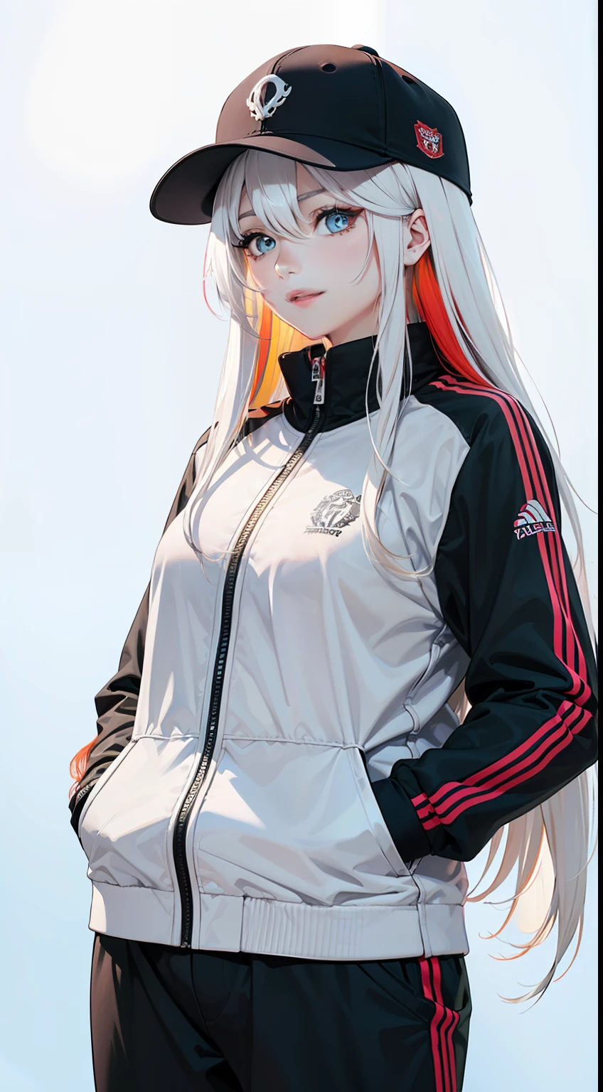 4k,extremely exquisite and beautiful,with ultra-high definition image quality,photo texture,and realism,(masterpiece, top quality, best quality, official art, beautiful and aesthetic:1.2),Amazing,finely detailed,beautiful face,beautiful detailed eyes,((multicolored hair,long hair,white hair:1.5)),((((1girl)))),Depth of field,((Extremely gorgeous magic style)),(((flowing background))),((cowboy shot)),(1girl:1.3),extreme detailed,(fractal art:1.3),((hands in pockets)),colorful,highest detailed,((Sportswear)),((close mouth:1)),(gradient eyes),baseball cap,evil smile,