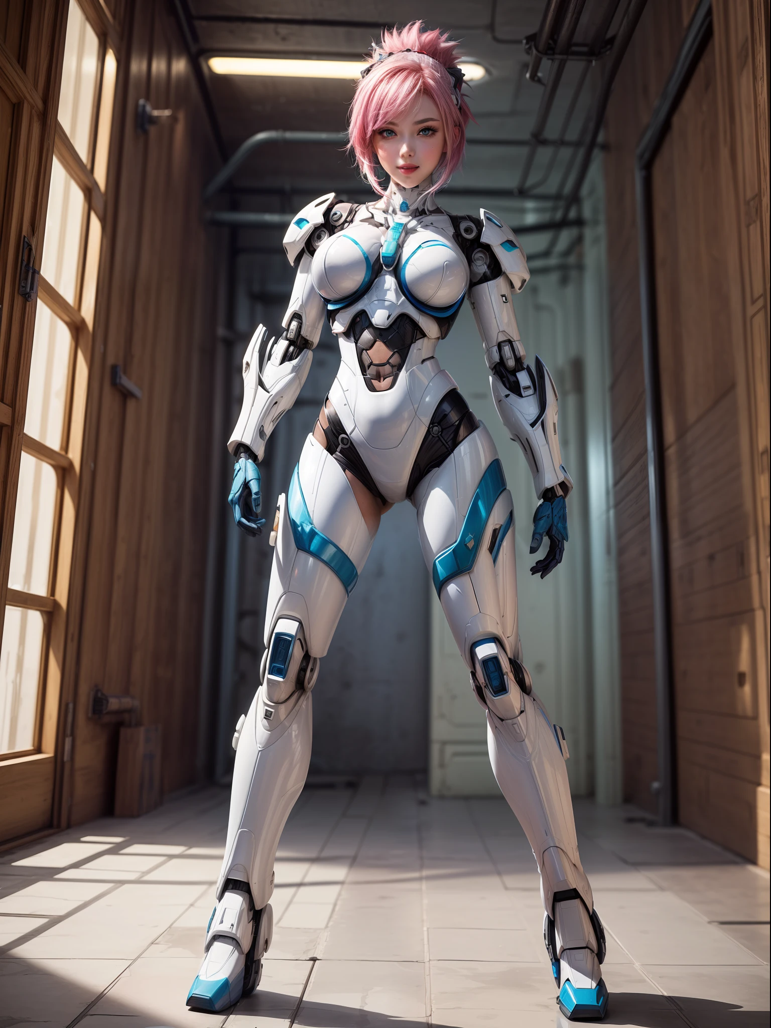 ((Full body/standing):2) {((Only 1woman):1.2)}: ((Wearing white mecha suit with blue parts, extremely tight on the body):1.5), has ((extremely large breasts): 1.2), only she has ((pink mohawk hair, blue eyes):1.2), is ((leaning against the wall, doing erotic pose for the viewer, smiling)). \n Background:((in a futuristic dungeon full of giant robots):1.5). anime, anime style, 16k, high resolution, ((best quality, high detail: 1.3)), UHD, ((masterpiece))