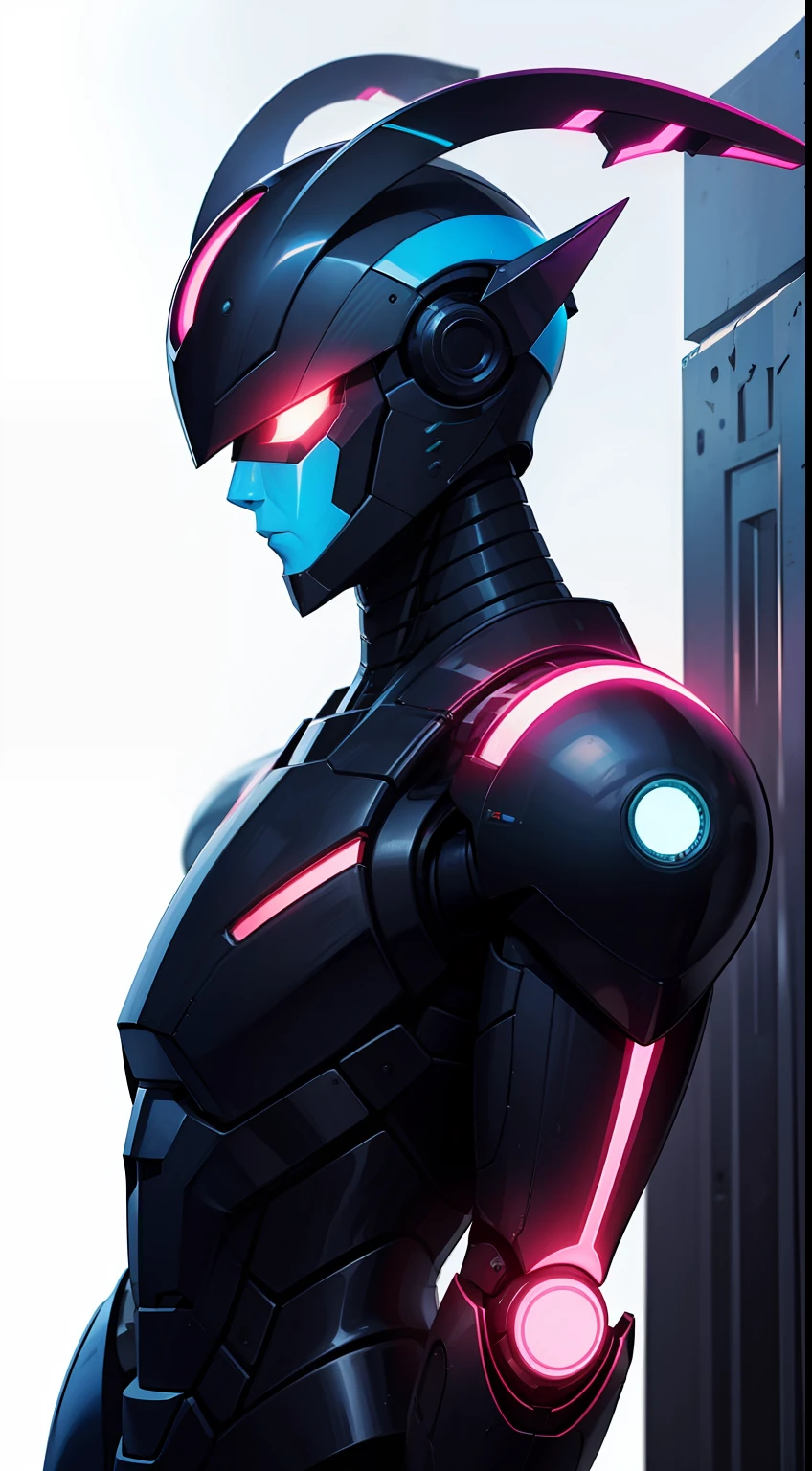 a robot,solo,rich color,Gradient,(glow:1.2),complex background,Helmet,Horns,