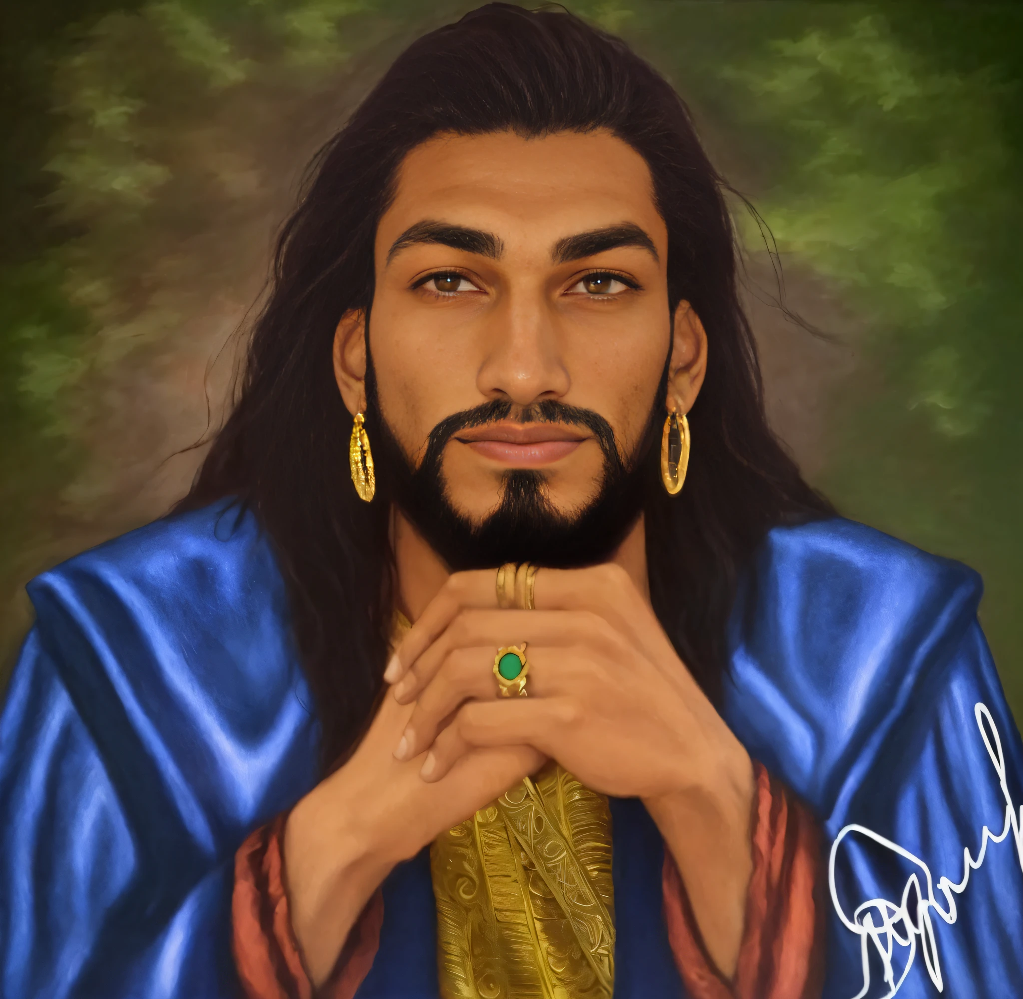 Realist painting, realistic baroque style of a gypsy man with beard and ring on finger, Renaissance digital painting, inspired by Ras Akyem, inspired by Oluf Høst, Bedouin portrait d&d, inspired by Altoon Sultan, brown-skinned man Egyptian prince, handsome prince of Persia, jason momoa as Assyrian, black jesus, realistic drawing gypsy man with blue silk shirt